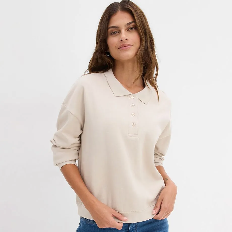 Sweat-shirt beige &agrave; col polo.