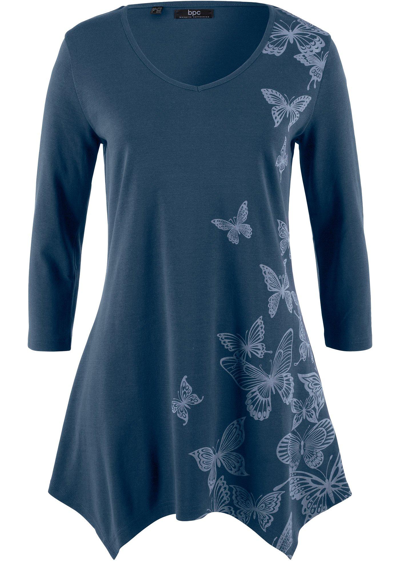 T-shirt long en coton à pans, manches 3/4