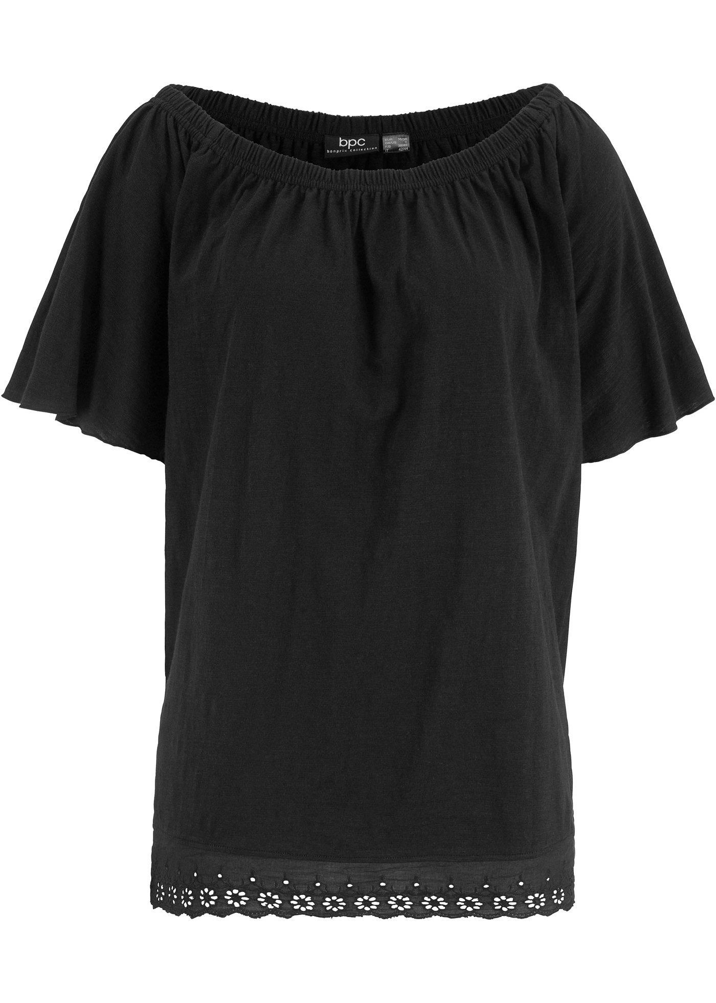 T-shirt coton col Carmen à broderie ajourée