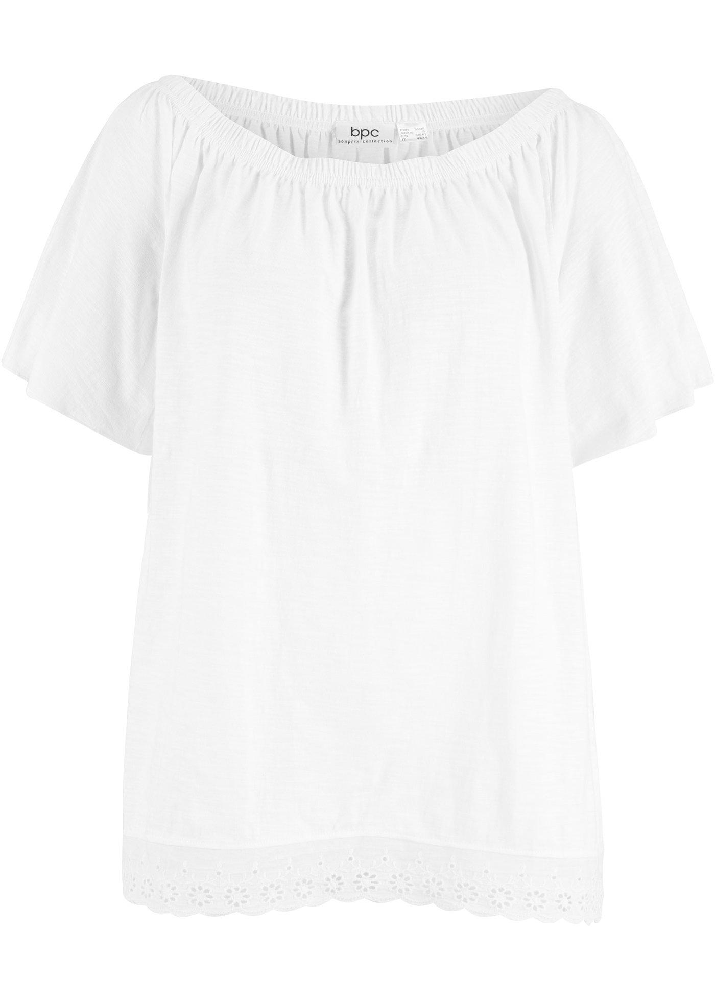 T-shirt coton col Carmen à broderie ajourée