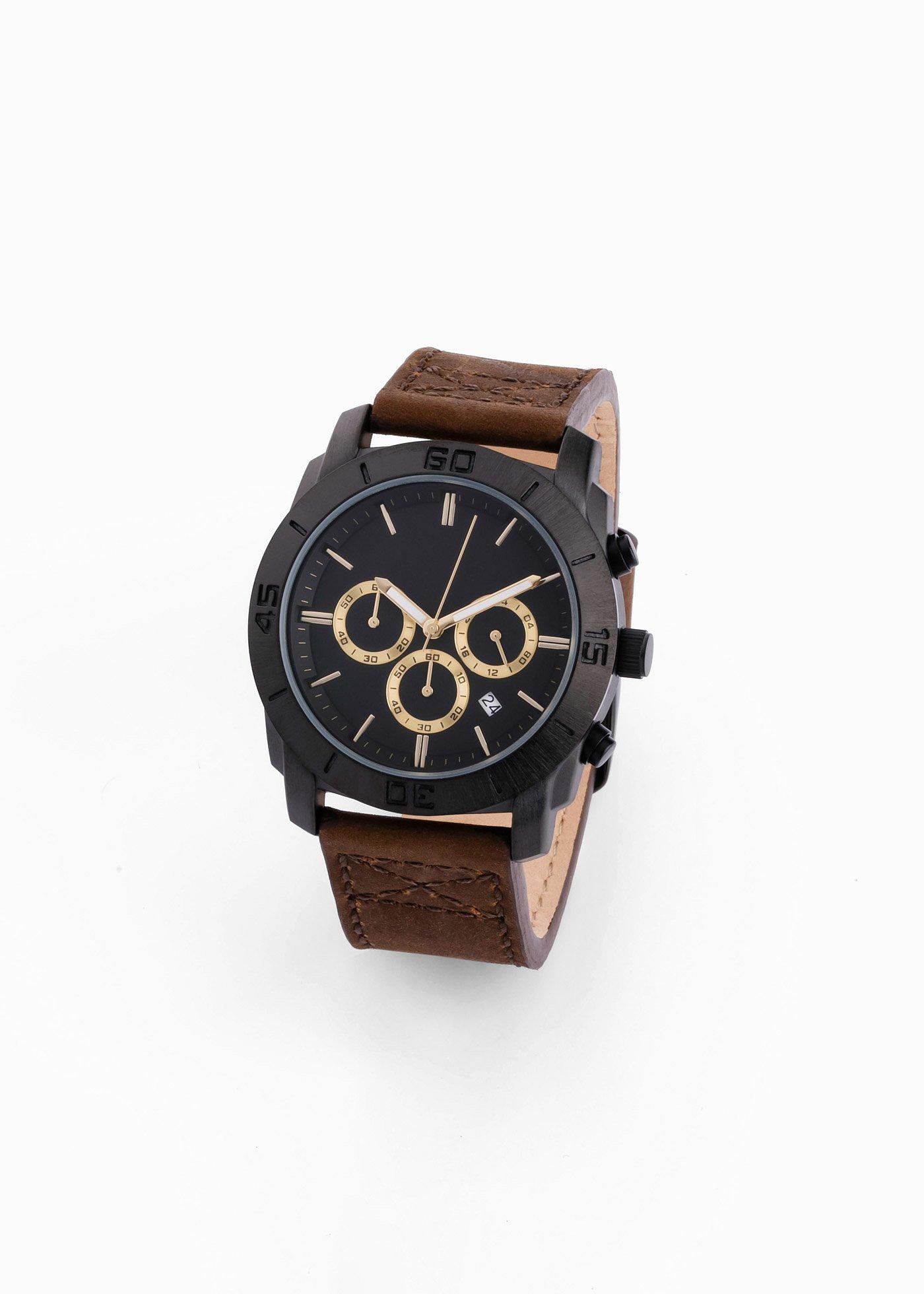 Montre chrono avec bracelet en cuir pour homme