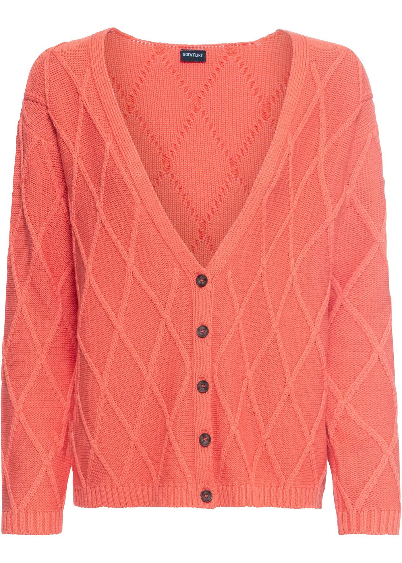 Gilet douillet en maille de BODYFLIRT. Gilet en maille à joli motif et décolleté plongeant en V. Boutonnage sur le devant. Long. env. 68 cm.