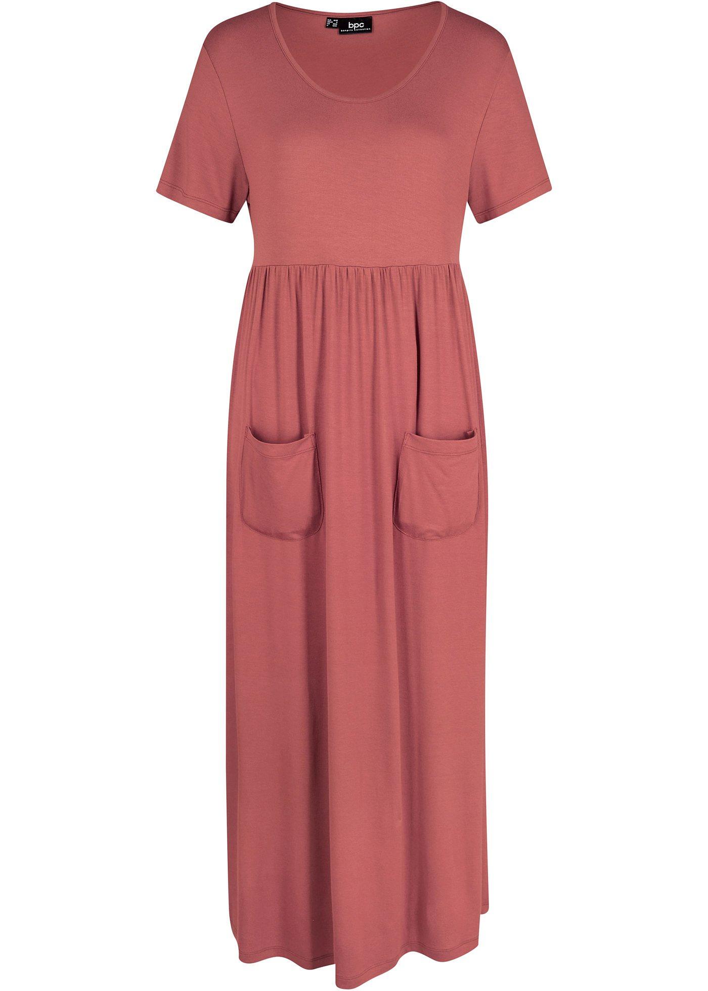 Robe midi extensible avec col rond et manches courtes