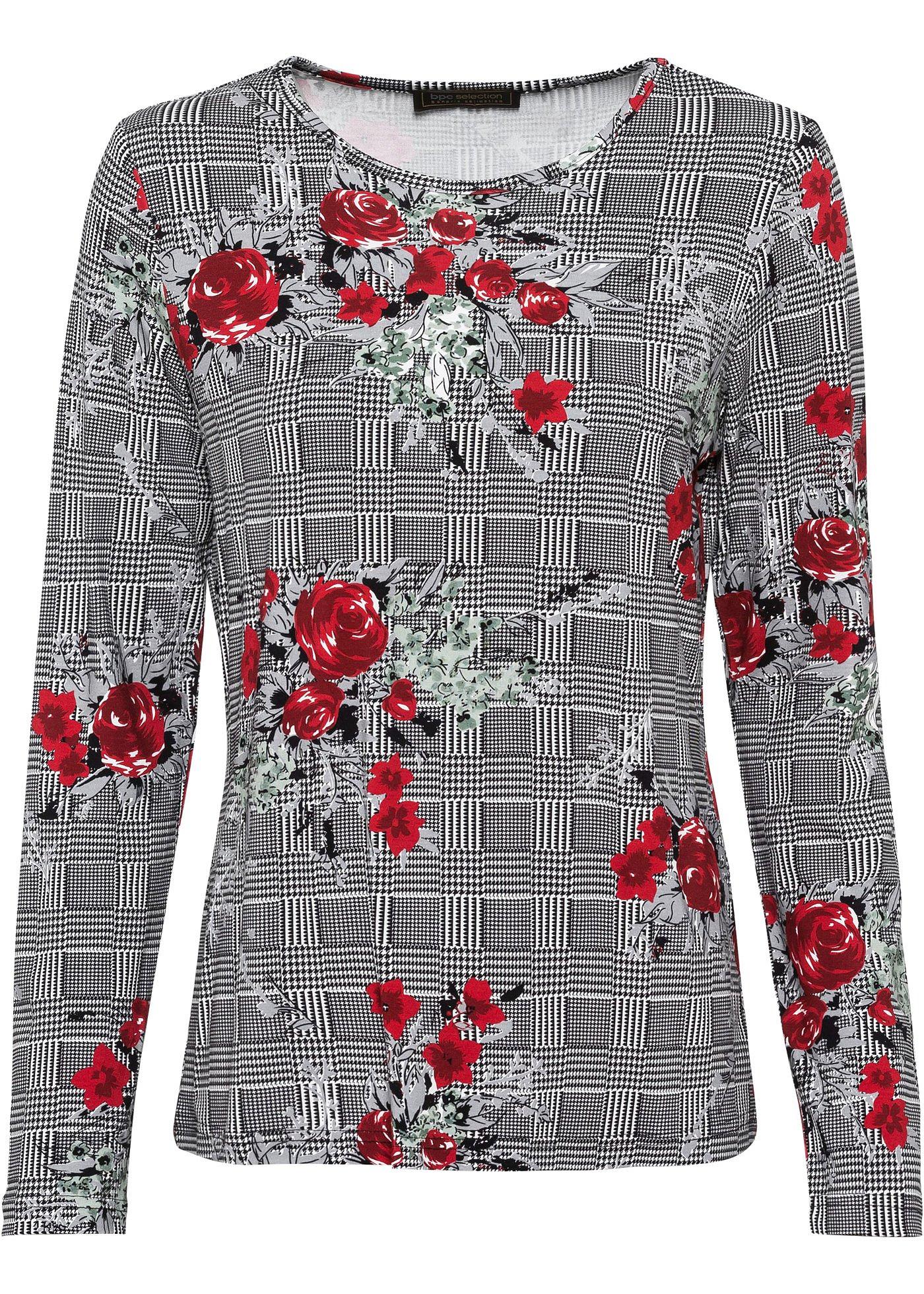 T-shirt manches longues à imprimé carreaux Prince de Galles