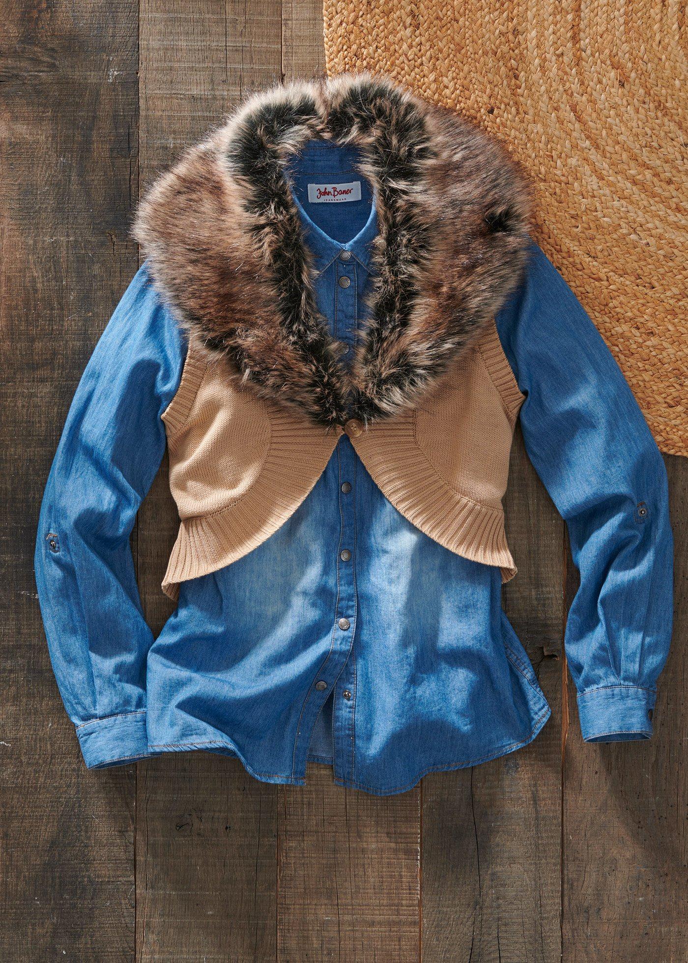 Gilet sans manches en maille avec col en synthétique imitation fourrure