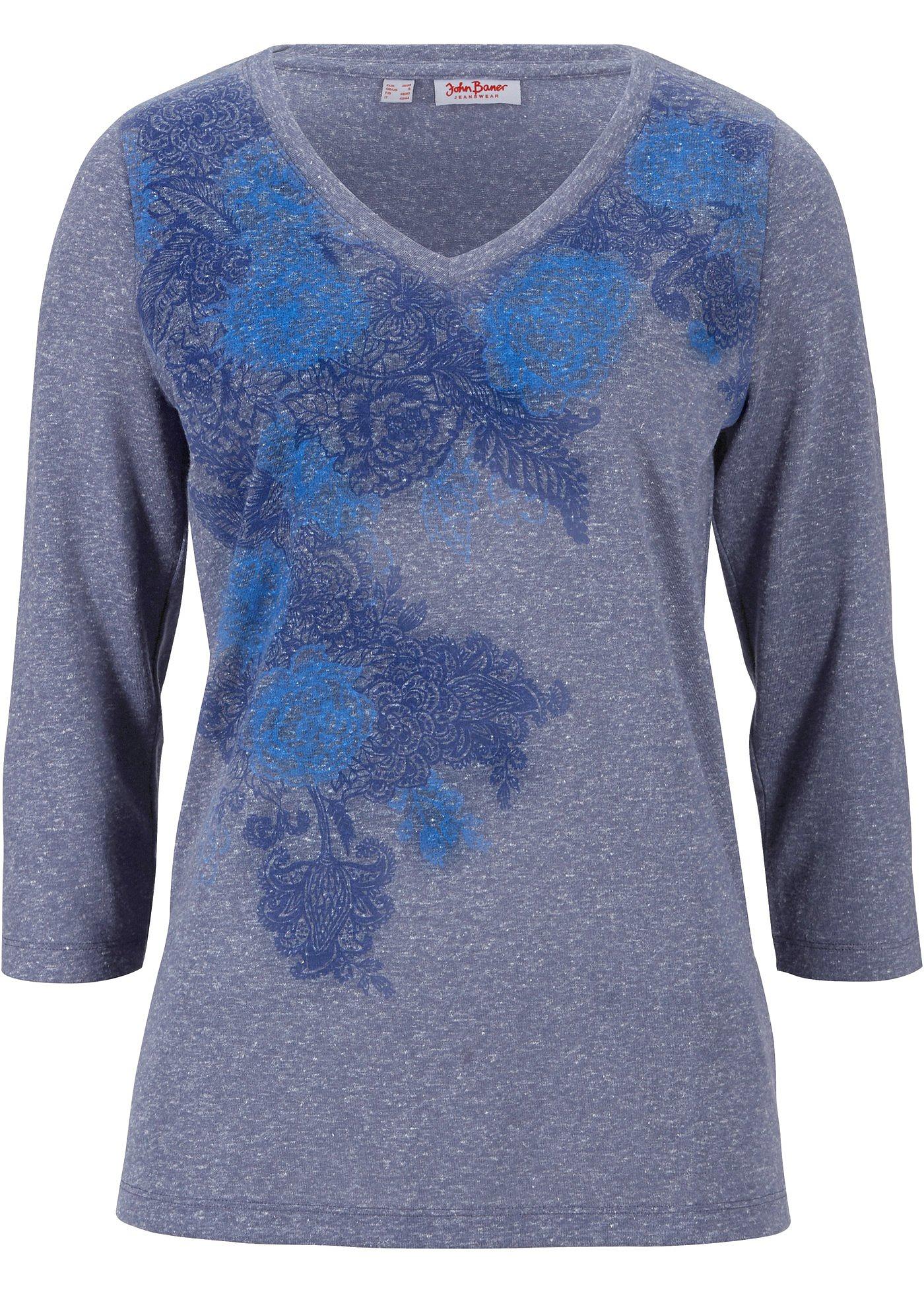 T-shirt avec lin, manches 3/4, imprimé