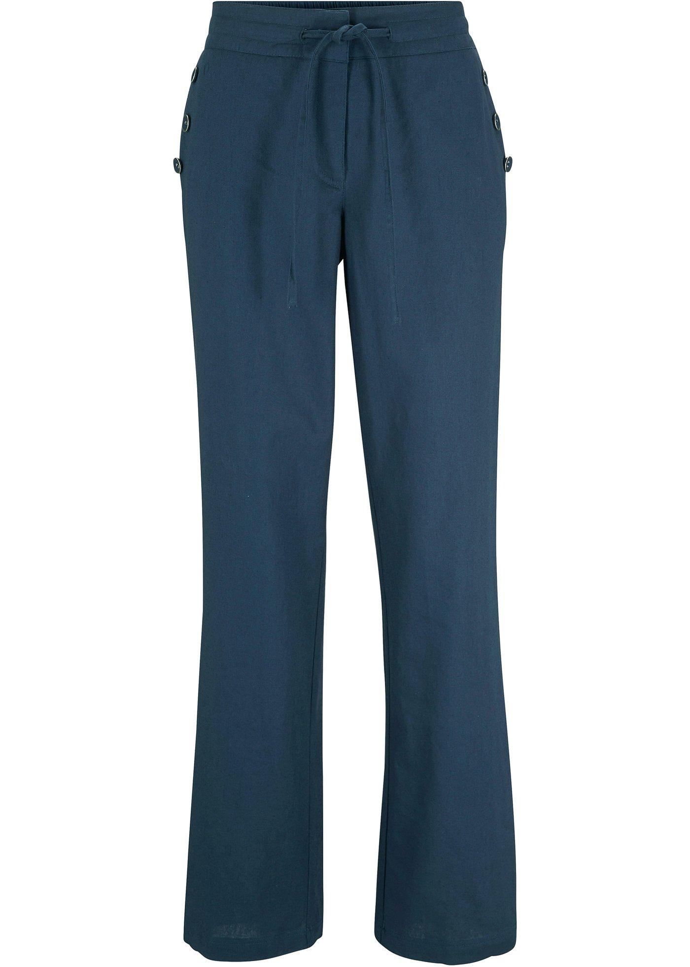 Pantalon en lin avec taille élastiquée, Flared