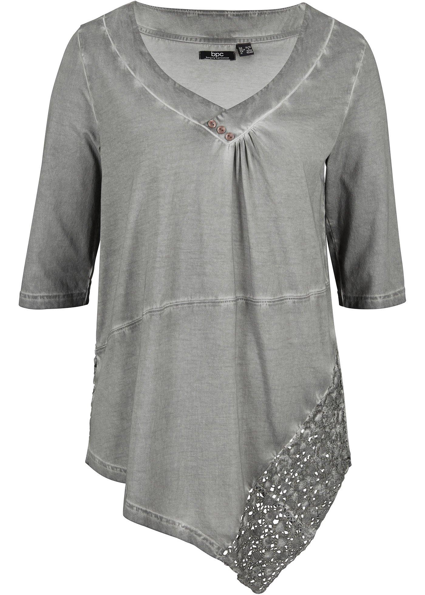 T-shirt long cold-dye en coton avec base dentelle, mi-manches