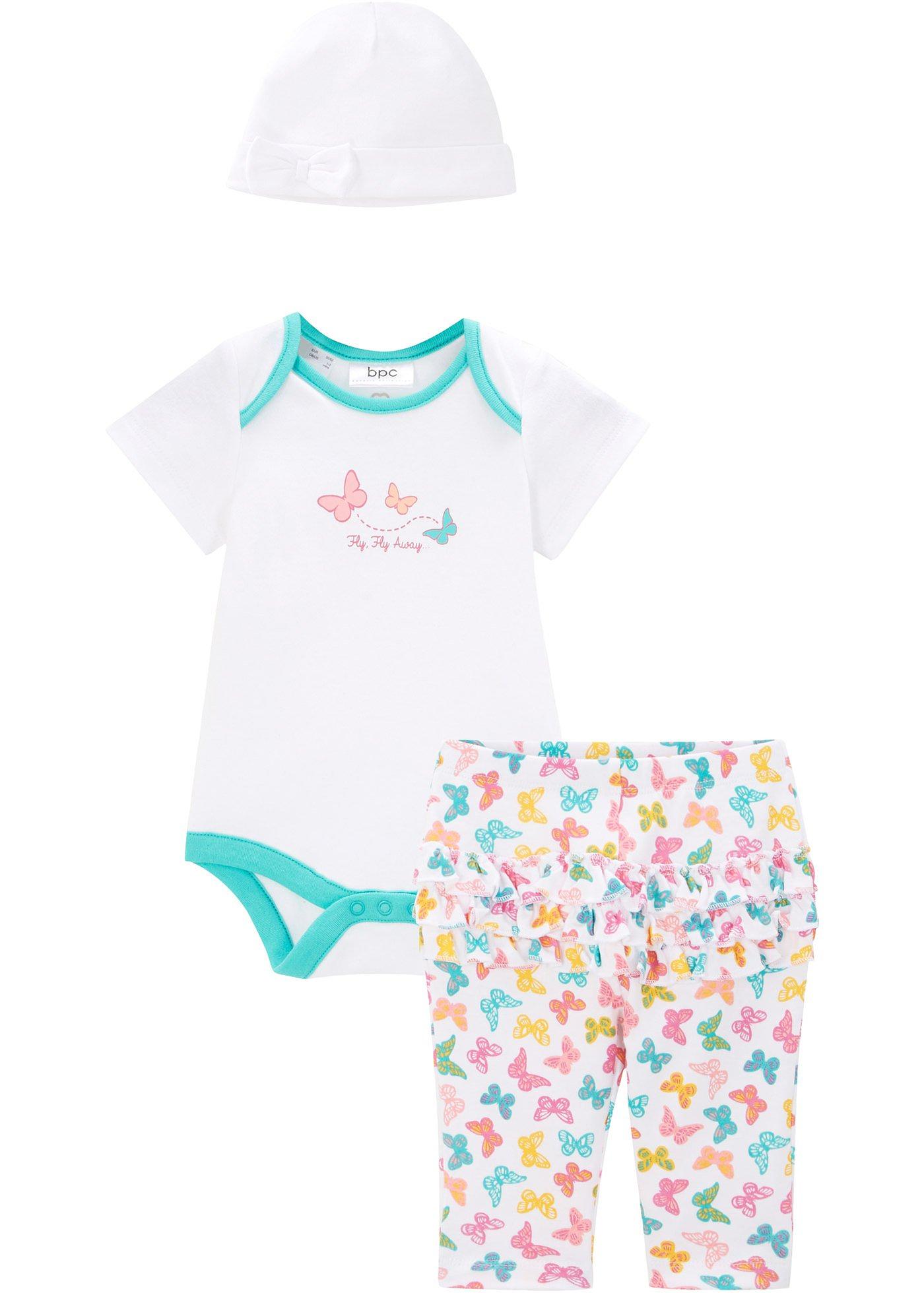 Body manches courtes bébé + pantalon + bonnet (Ens. 3 pces.) en coton bio