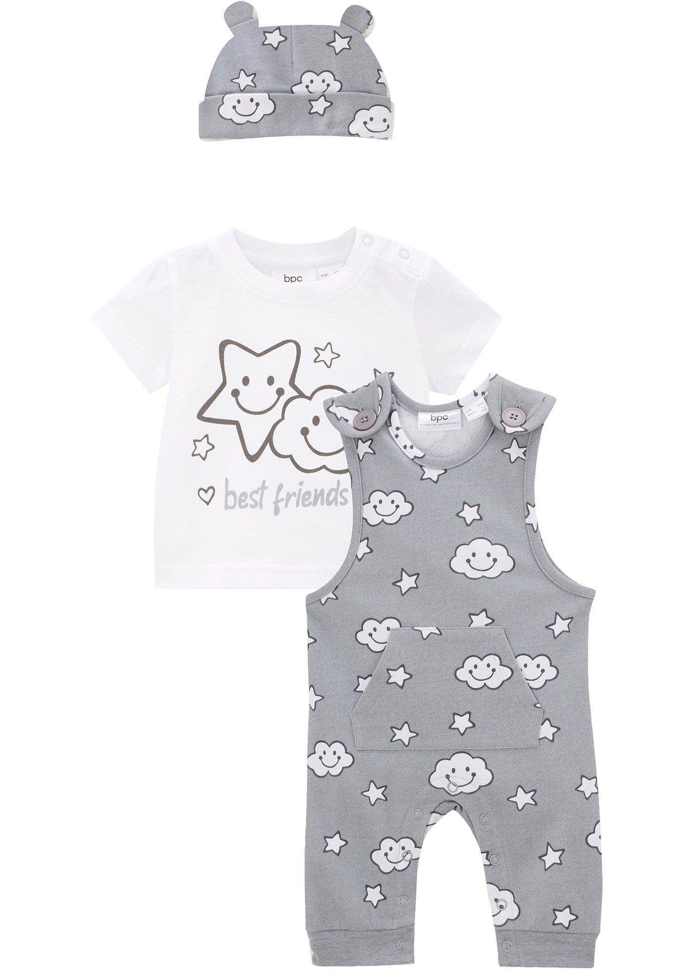 T-shirt bébé + salopette sweat + bonnet (Ens. 3 pces.) en coton bio
