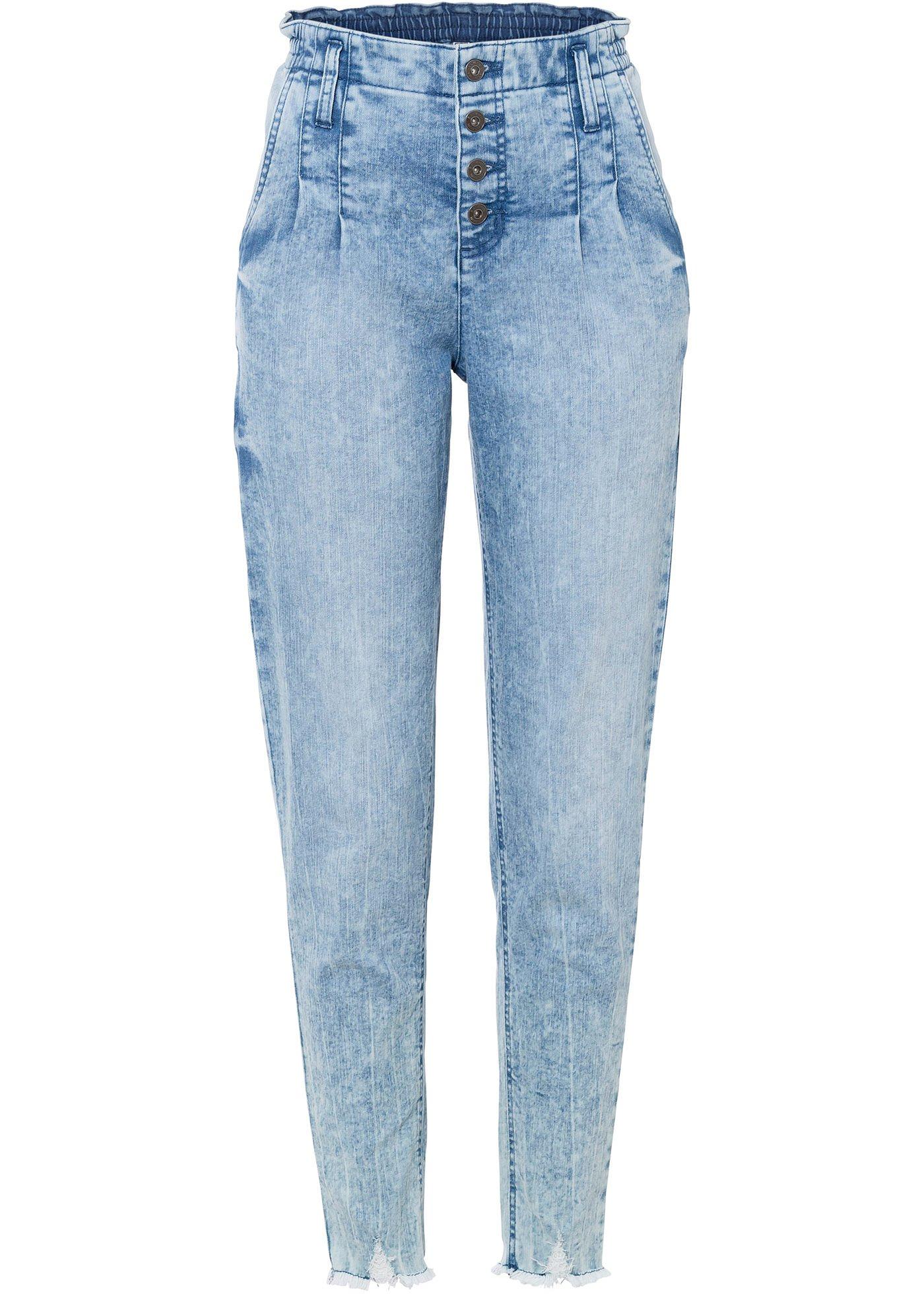 Jean paper-bag avec patte de boutonnage visible