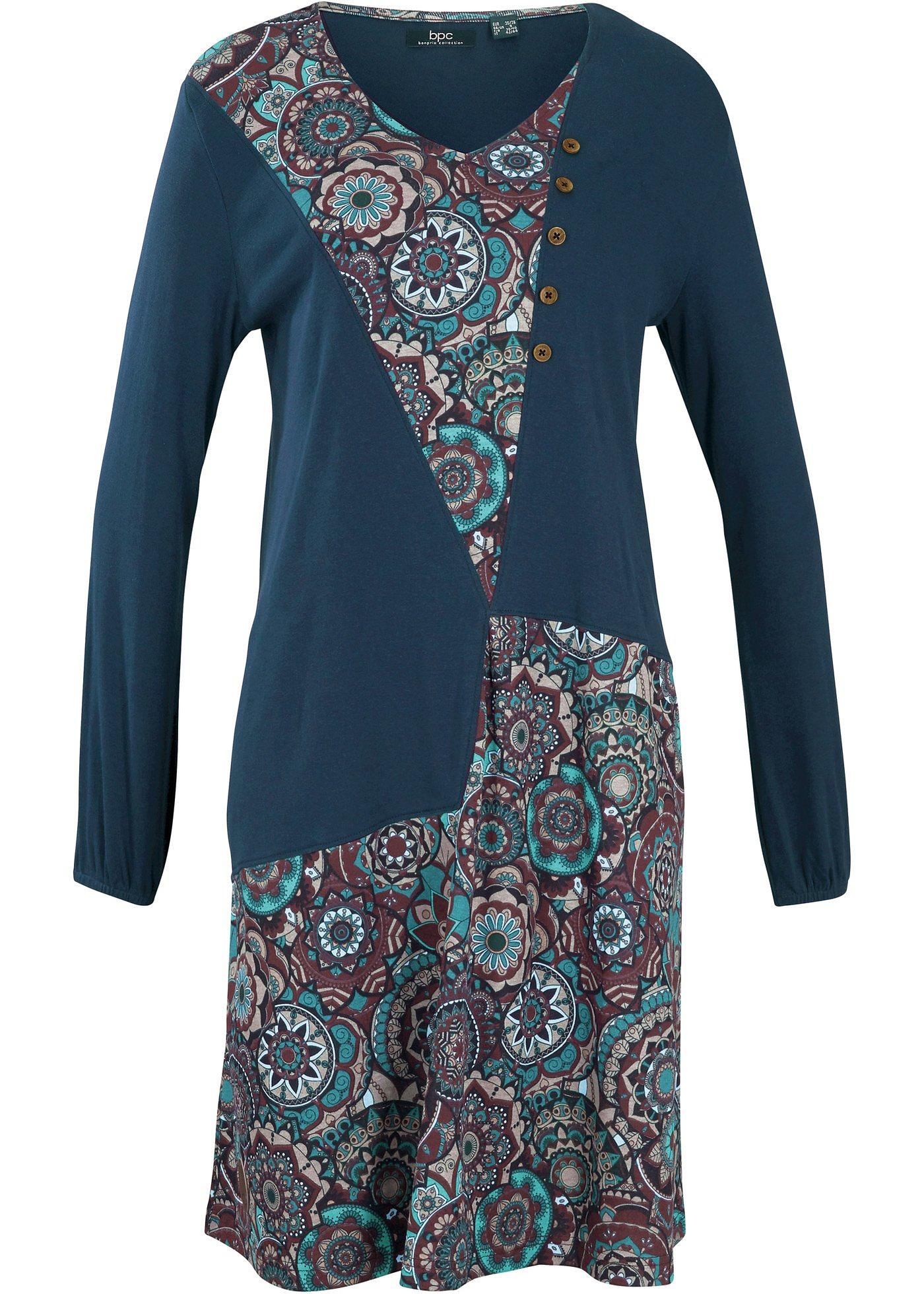 Robe imprimée style patchwork, manches longues