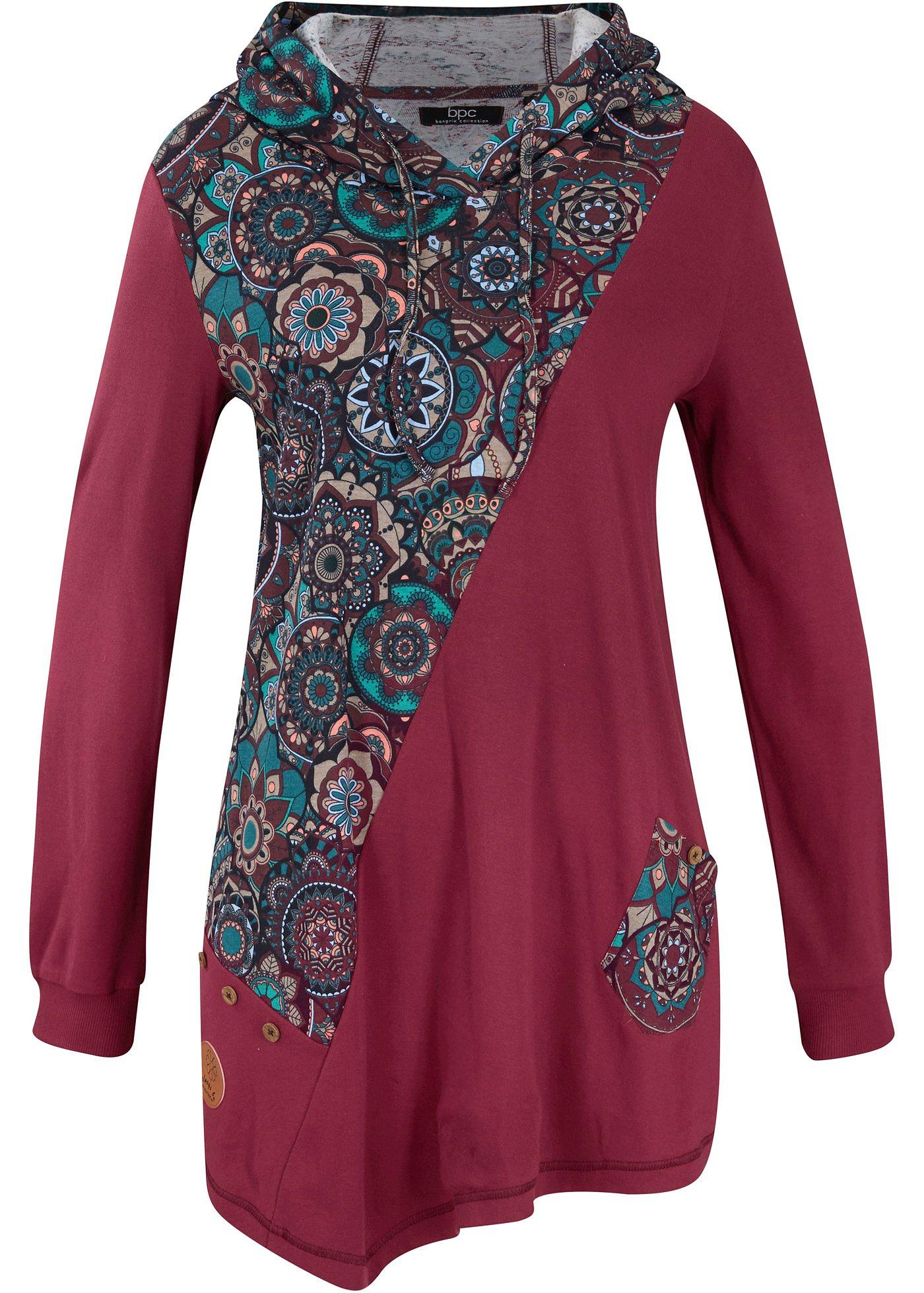 T-shirt à capuche avec base à pans et motif patchwork, manches longues