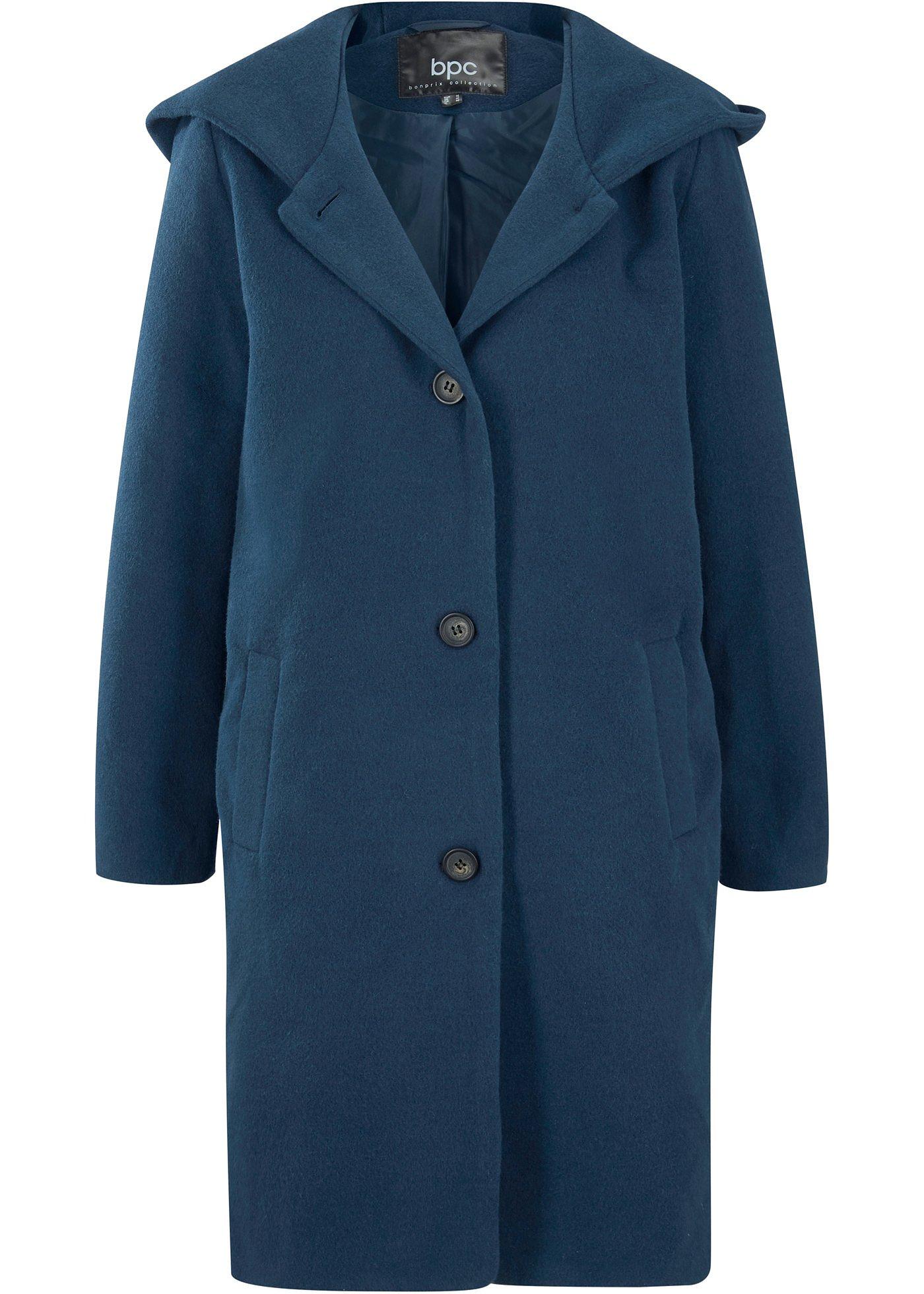 Manteau court imitation laine à capuche