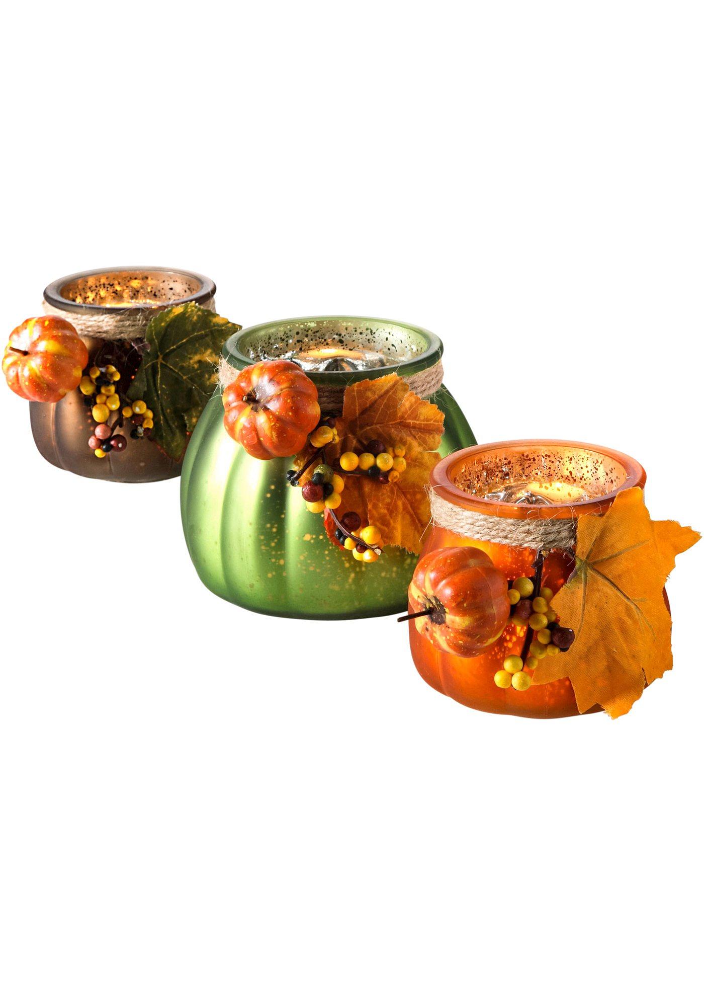 Porte-bougie chauffe-plat avec déco courges (Ens. 3 pces.)