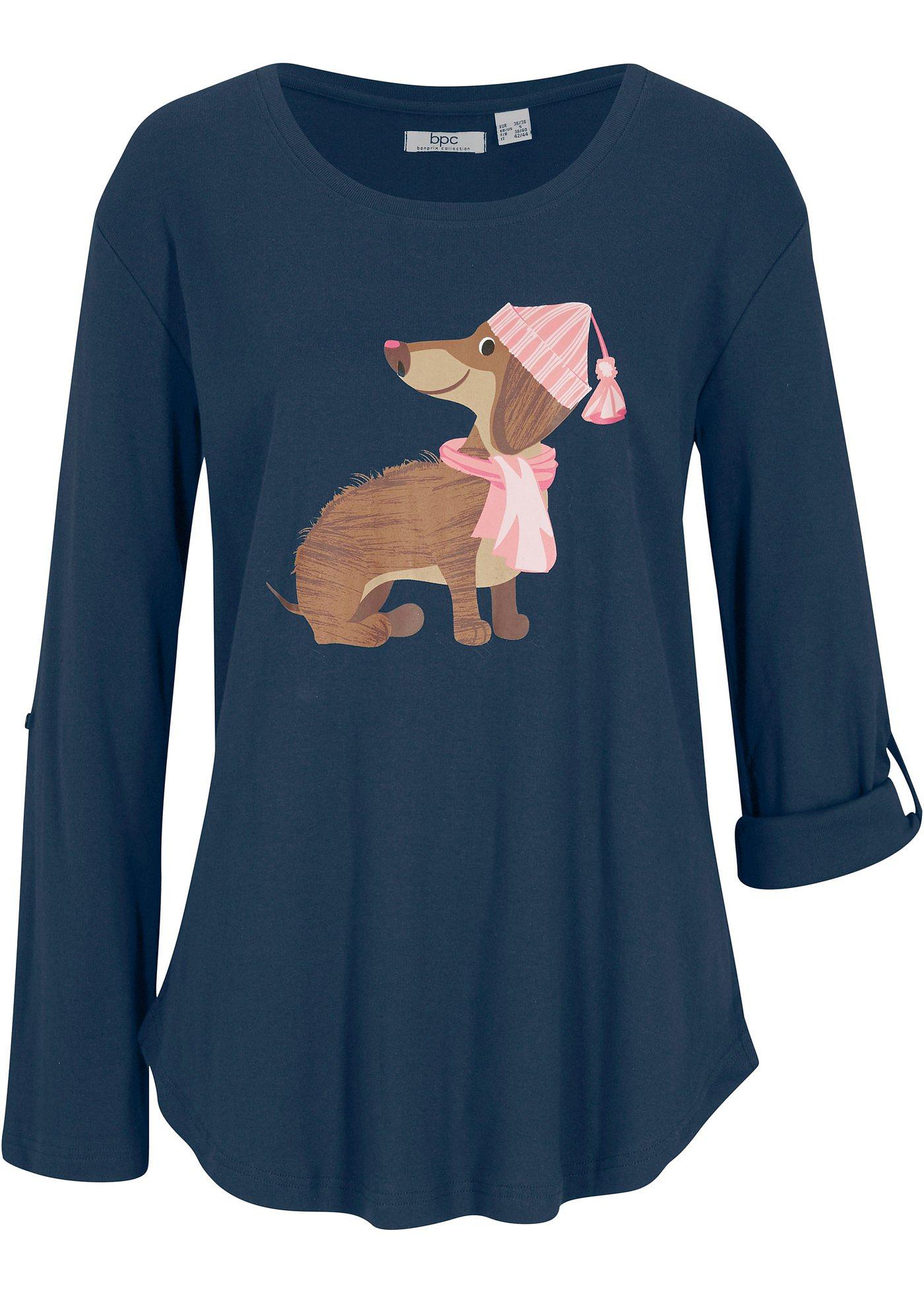 T-shirt long en coton avec base arrondie et manches retroussables, imprimé