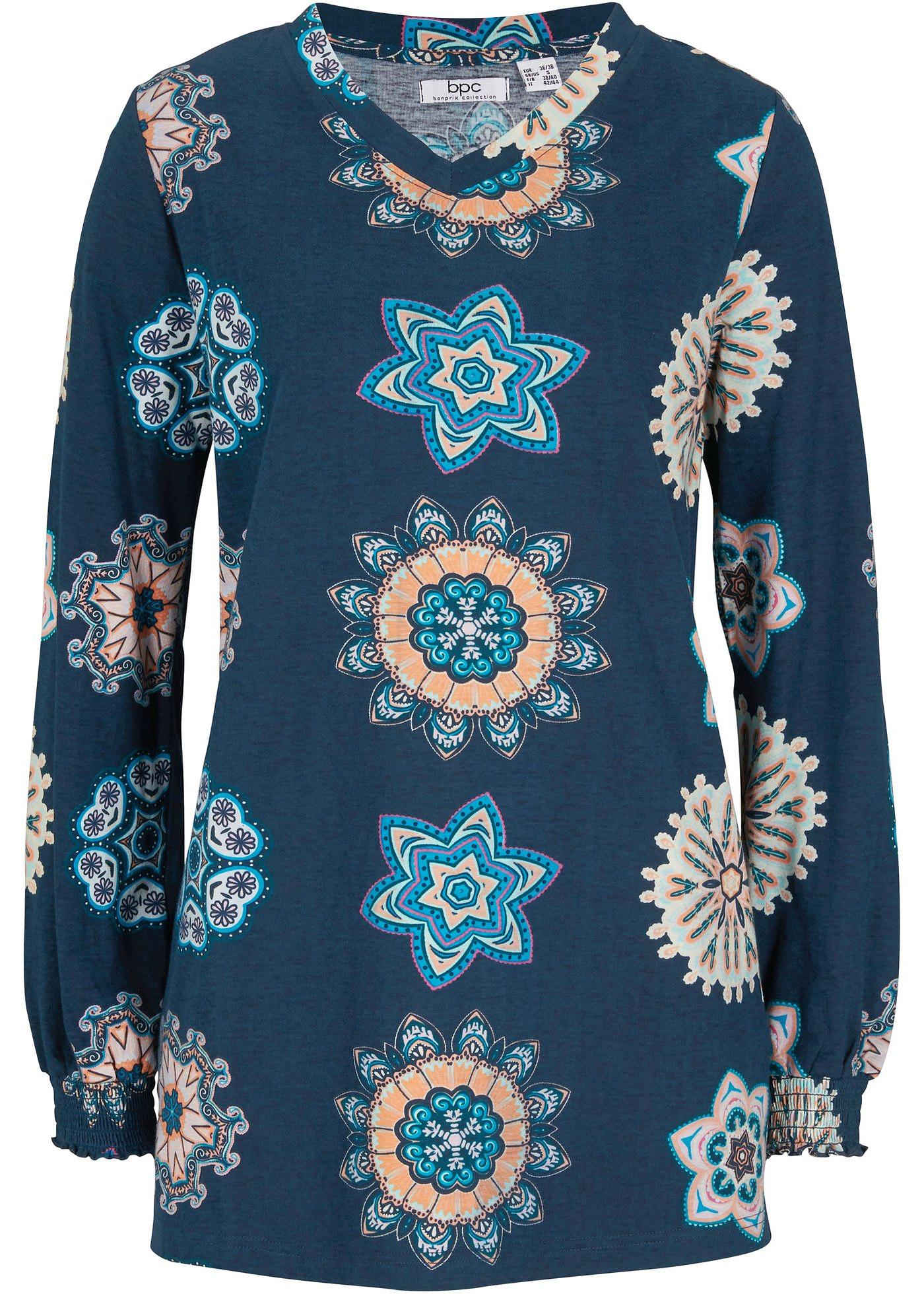 T-shirt long en coton à motif mandala avec fentes latérales