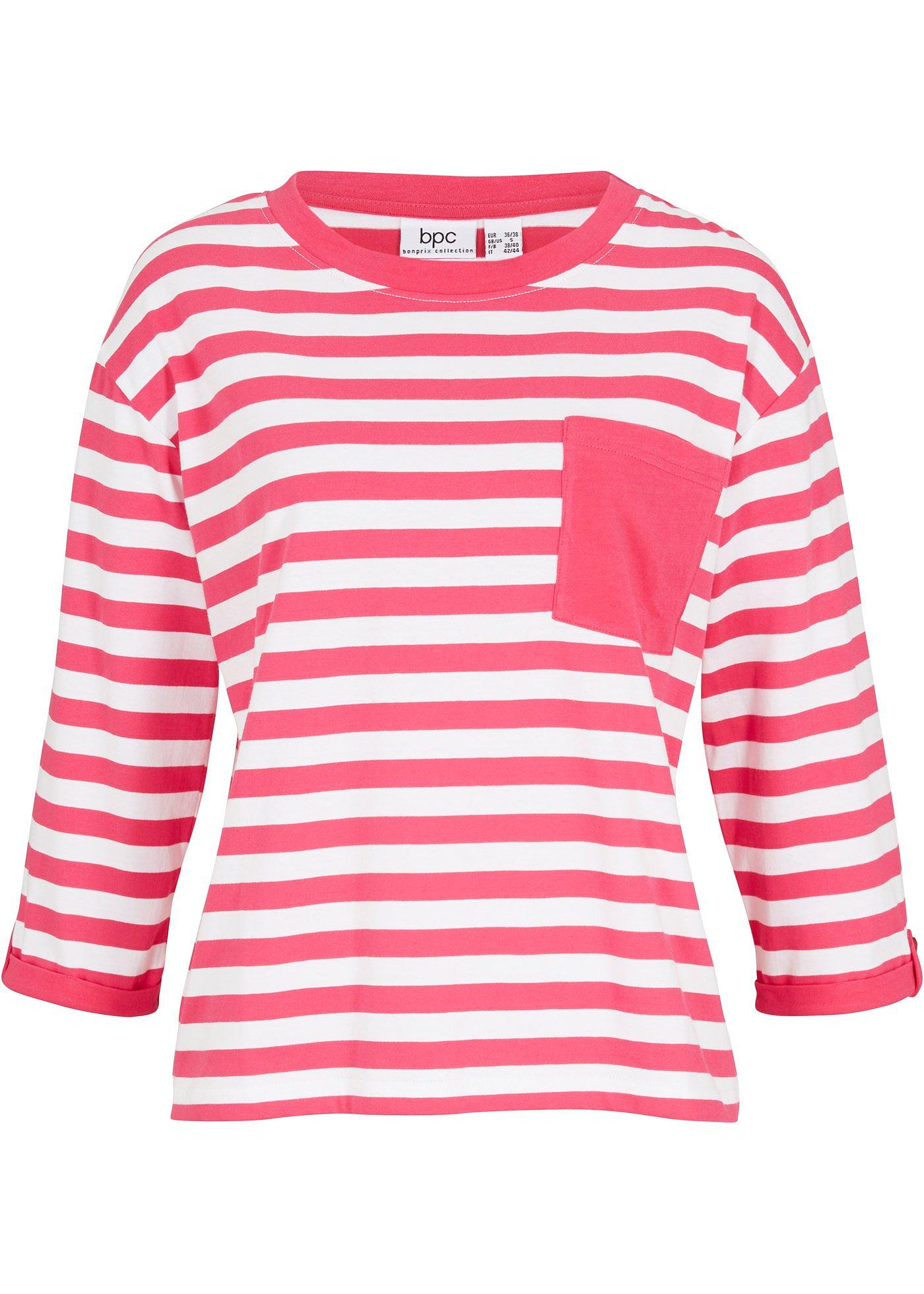 T-shirt coton avec détails contrastants, manches 3/4 retroussables