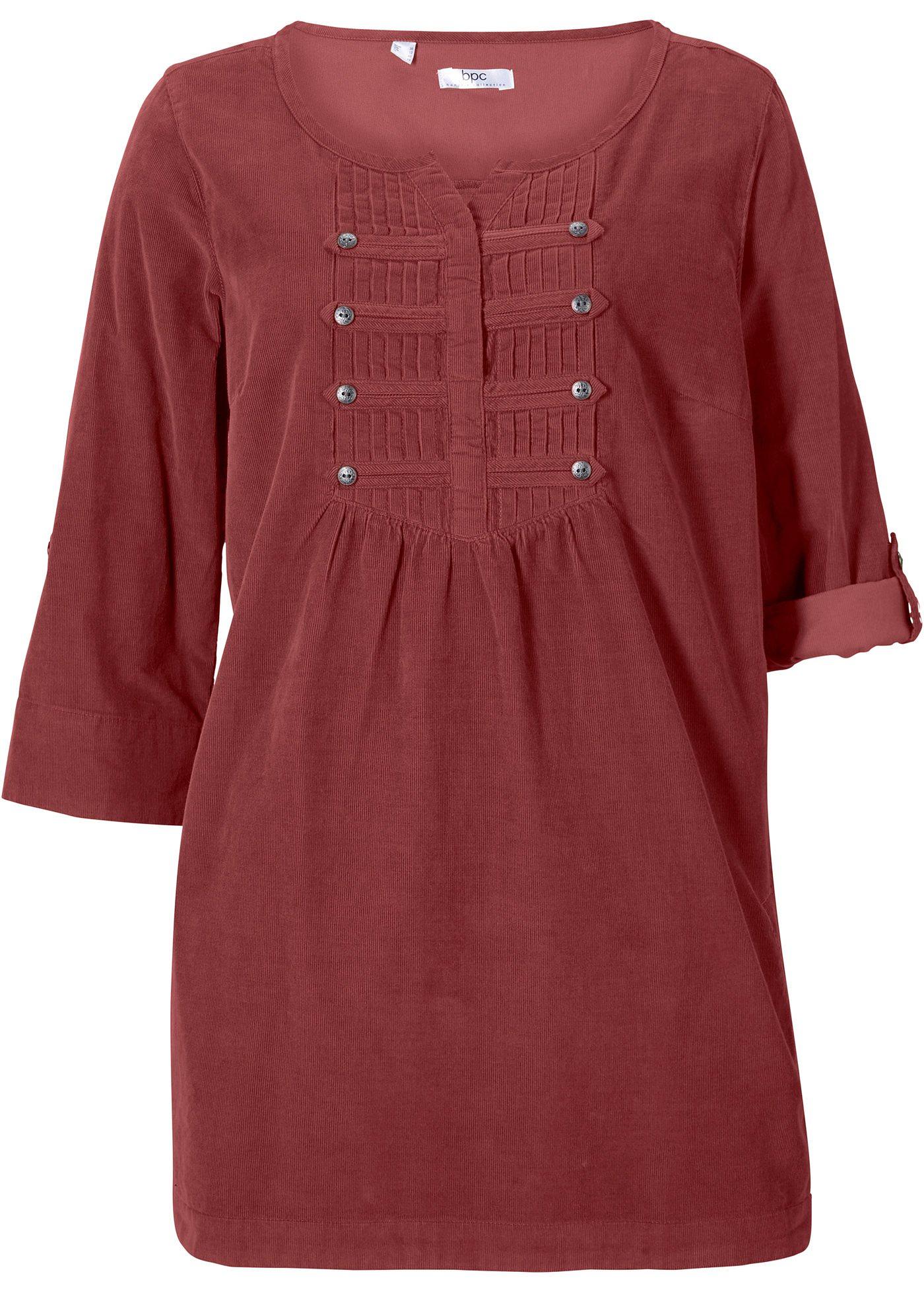 Blouse longue en velours côtelé, manches 3/4