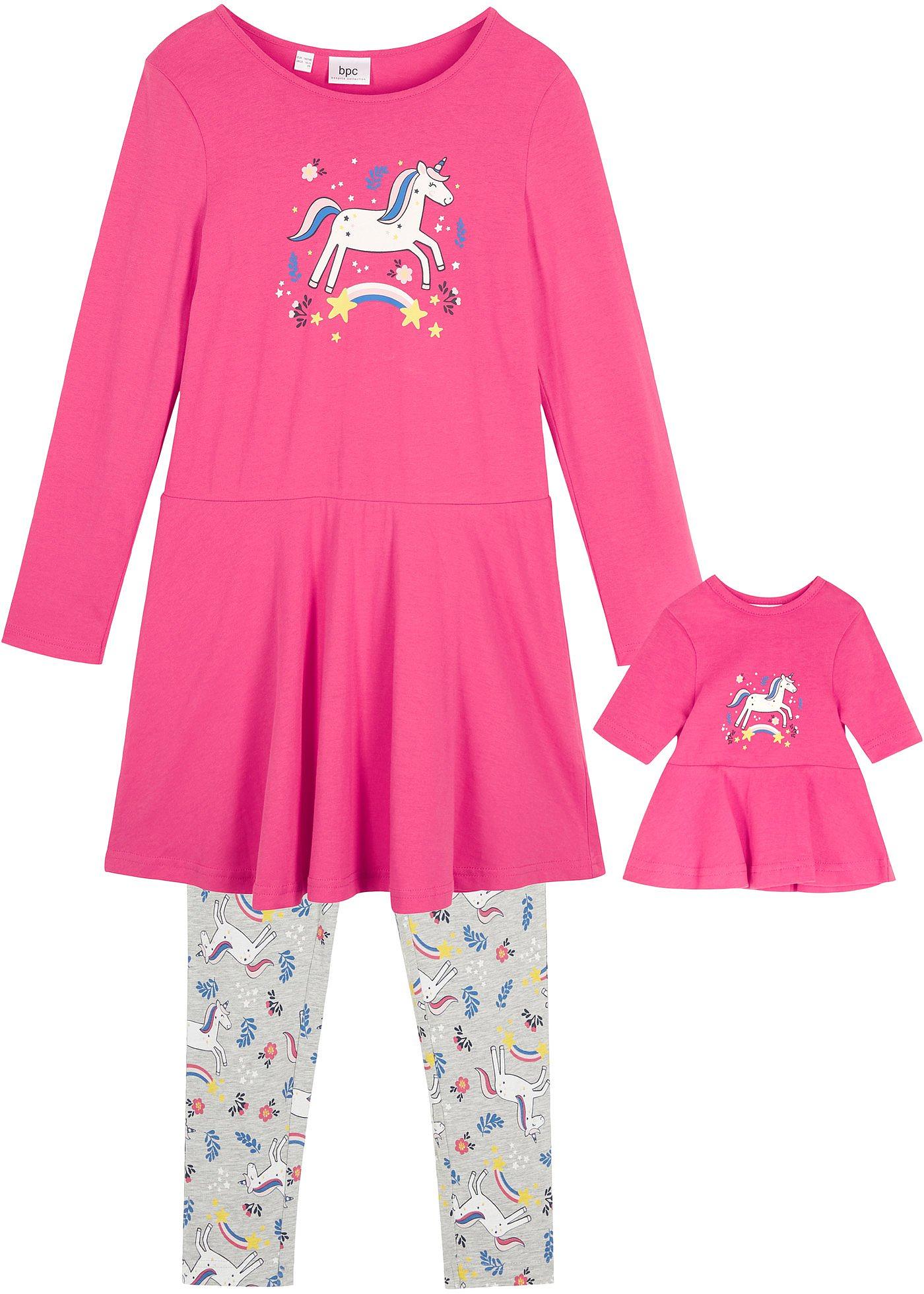 Robe en jersey + legging fille avec robe de poupée (Ens. 3 pces.)