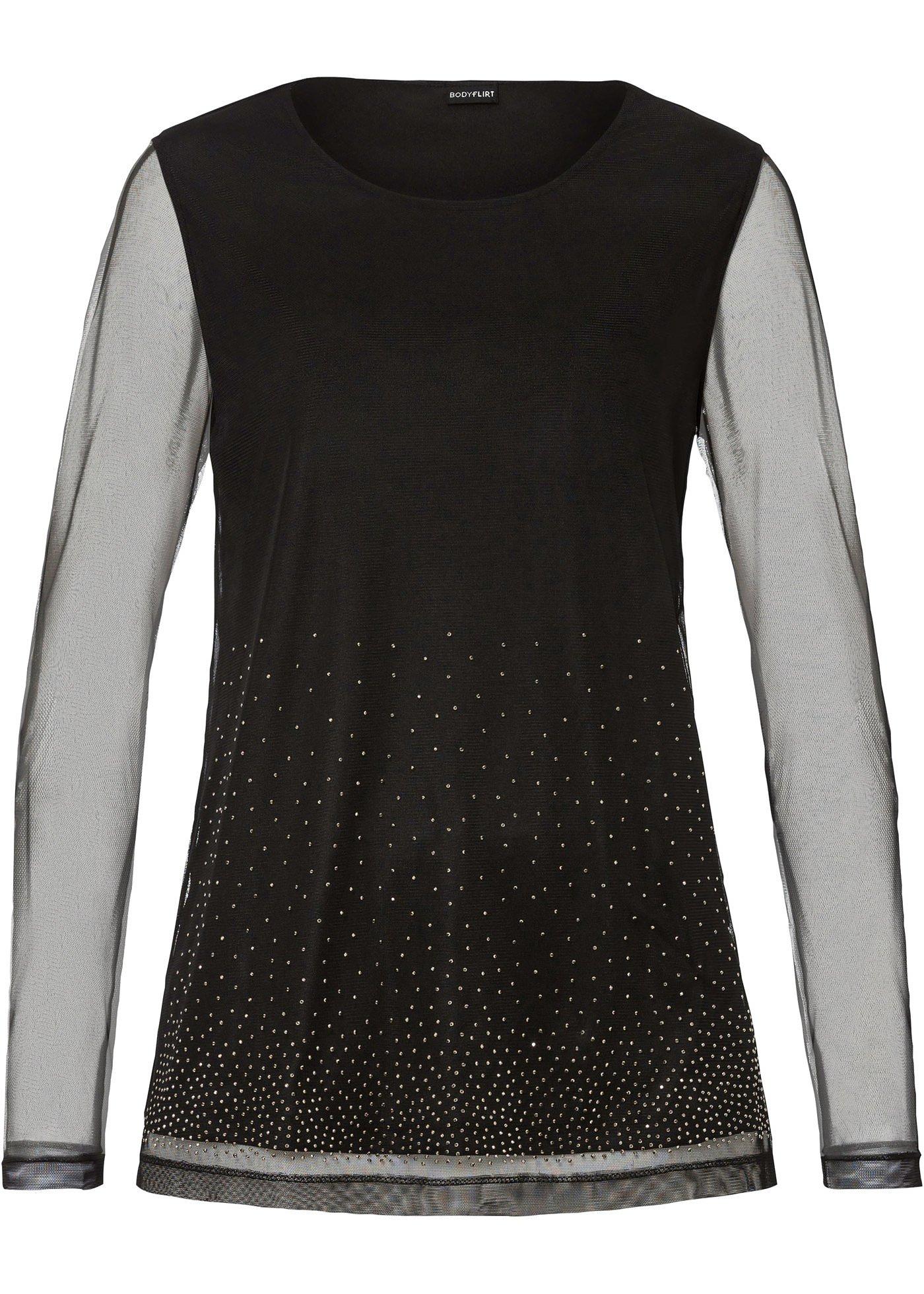 T-shirt à manches longues en mesh avec application en strass