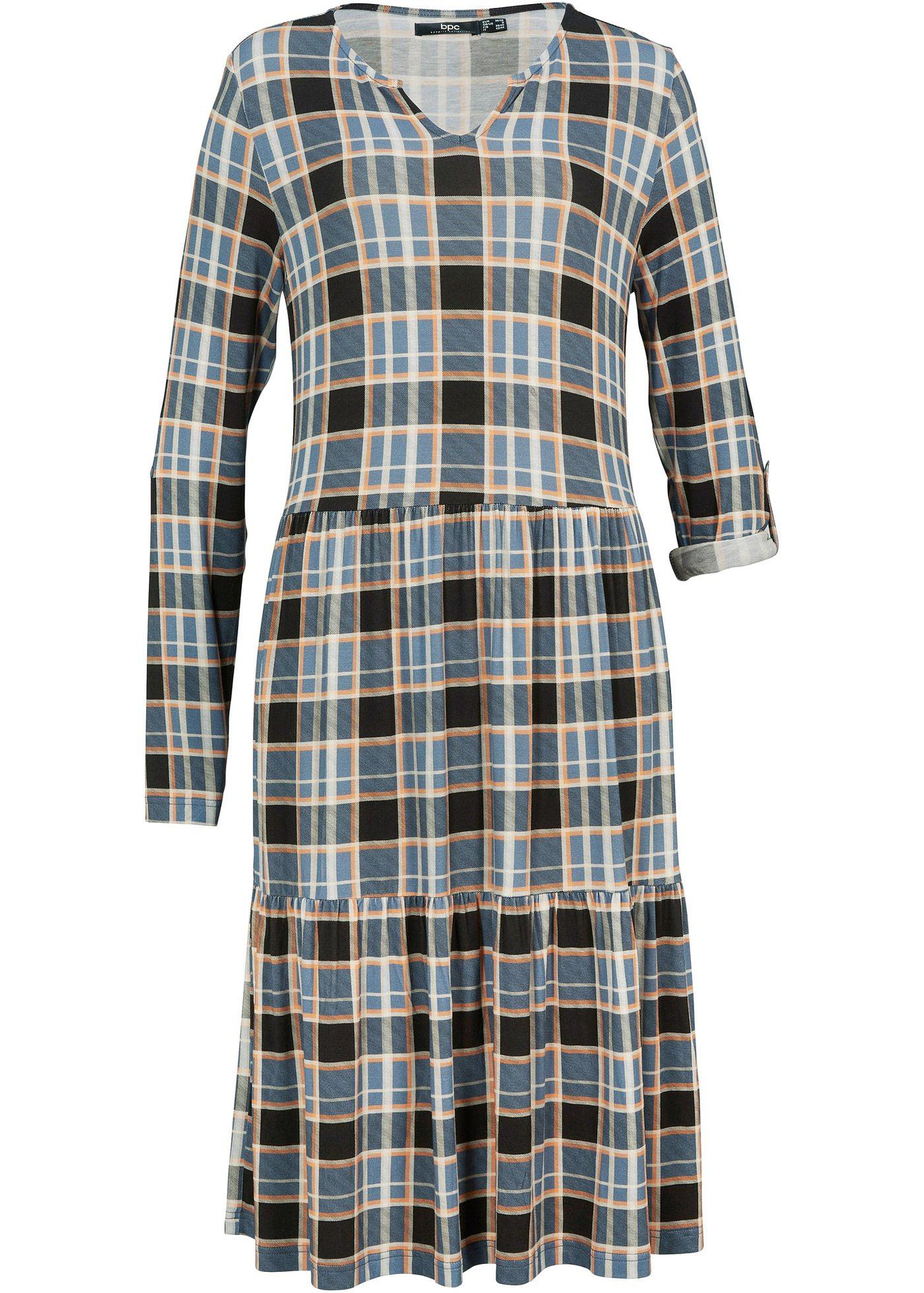 Robe en jersey à carreaux avec manches retroussables