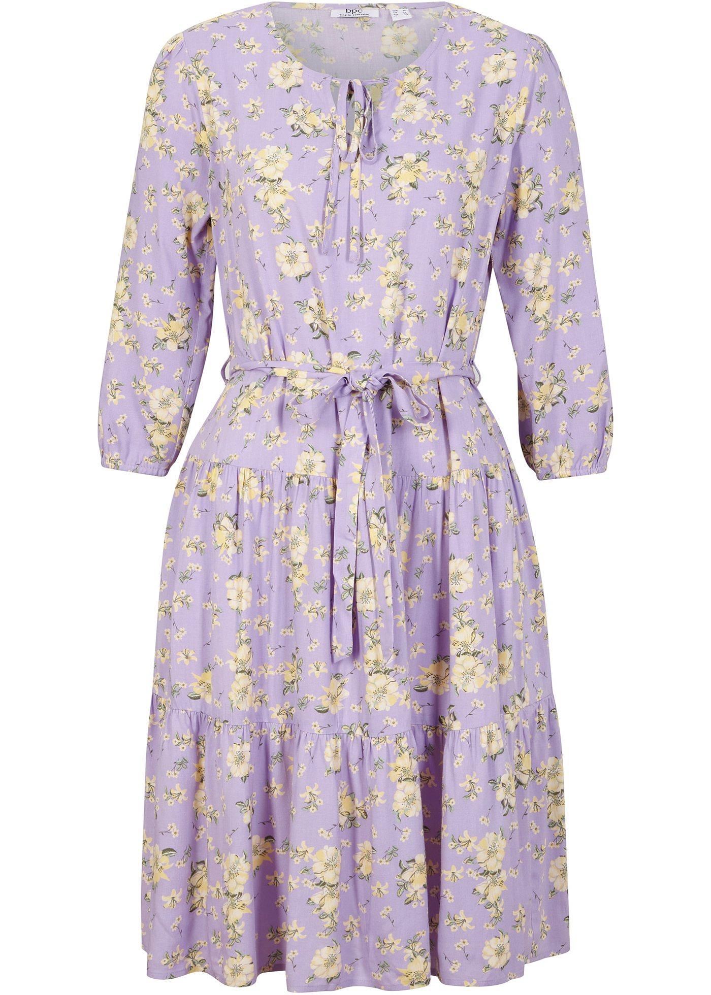 Robe tissée imprimée avec ceinture à nouer, manches 3/4