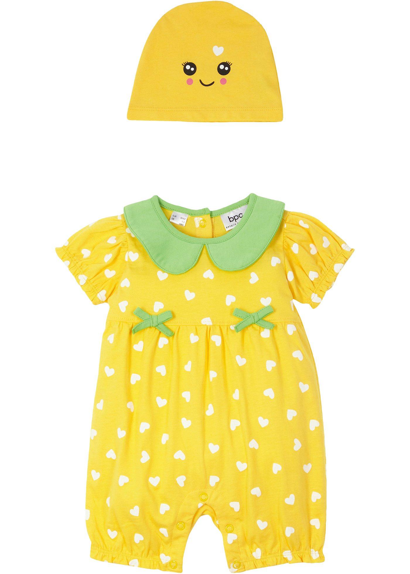 Combinaison manches courtes + bonnet bébé en coton bio (Ens. 2 pces.)