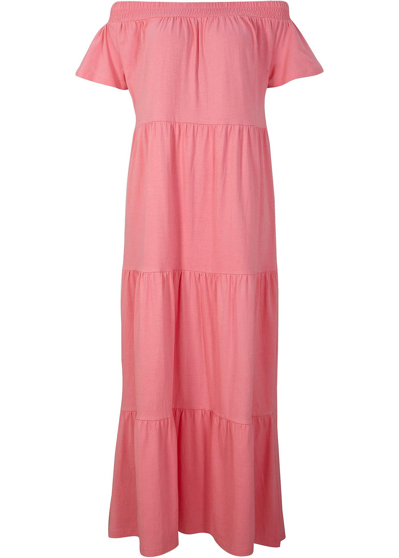 Robe longue en jersey coton avec volants et encolure Carmen