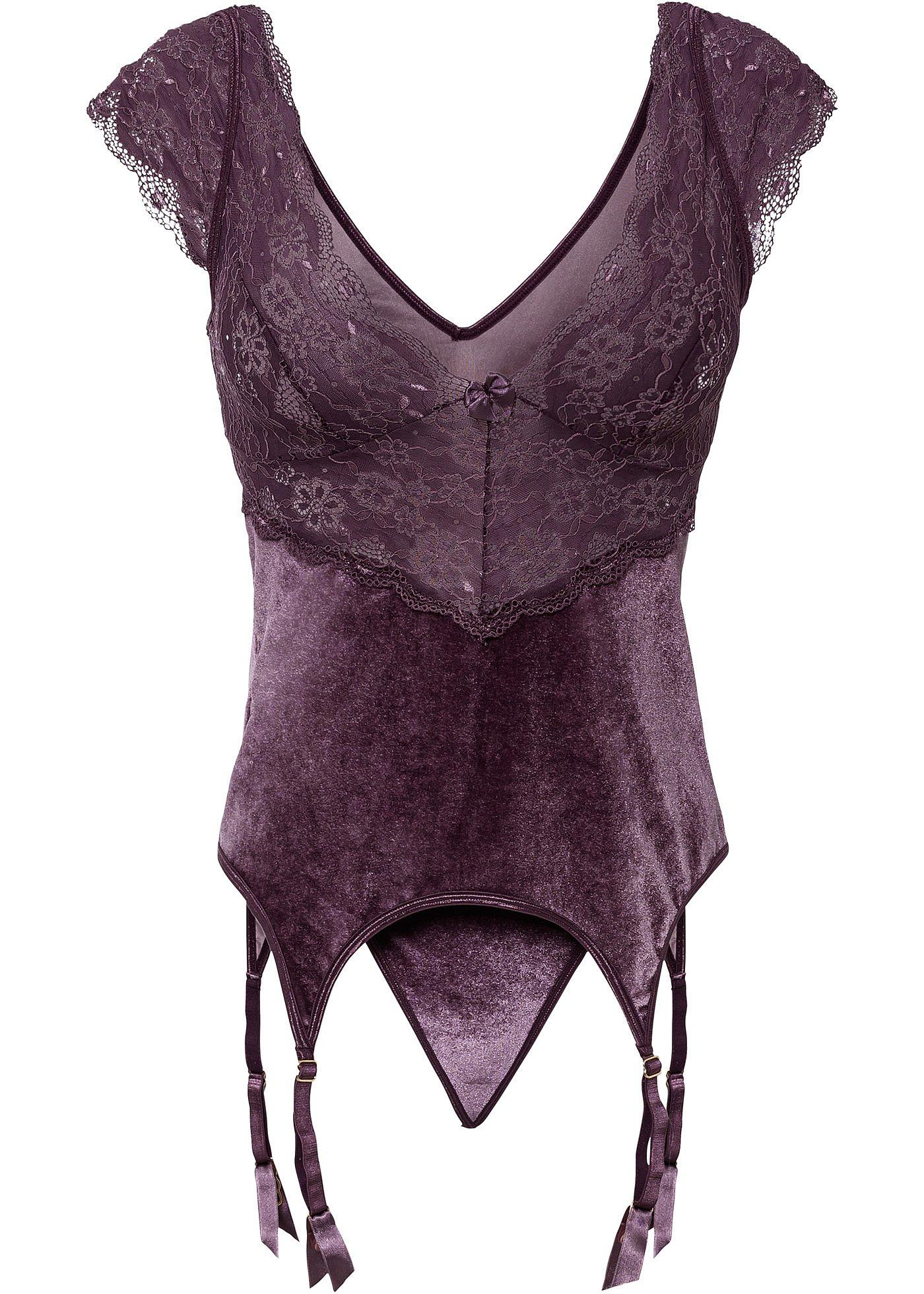 Top porte-jarretelles et string avec velours (Ens. 2 pces.)