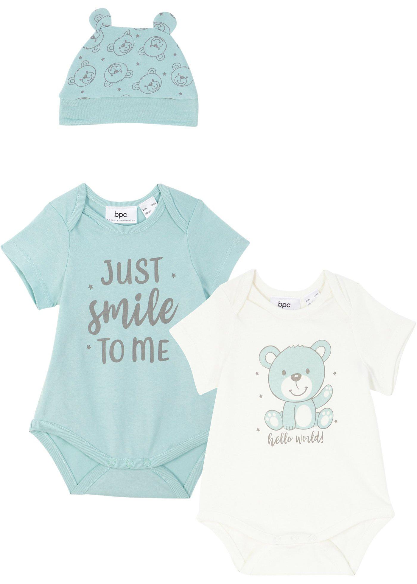 Body bébé manches courtes + bonnet en coton bio (Ens. 2 pces.)