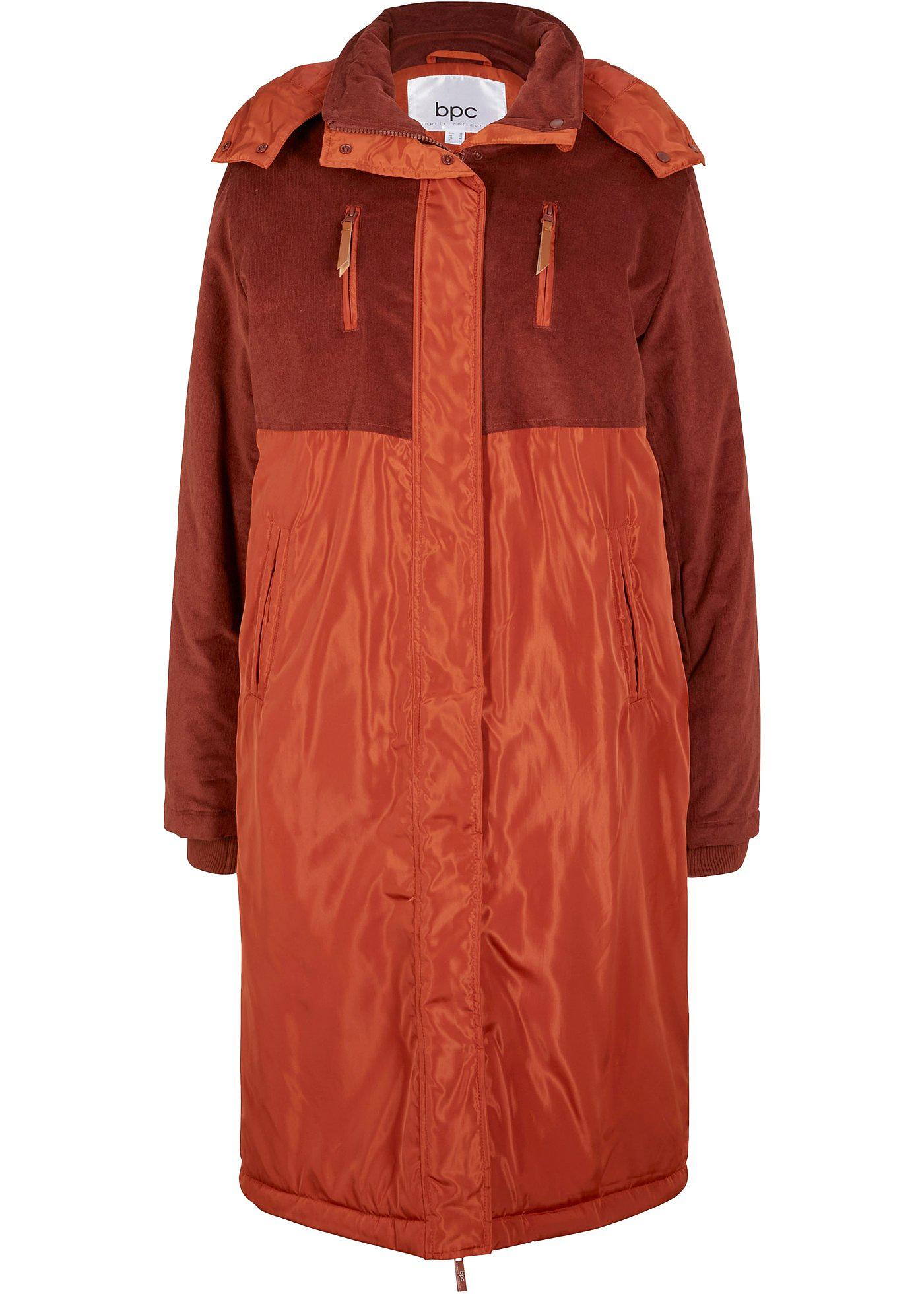 Parka longue à capuche en mélange de matières, coupe droite