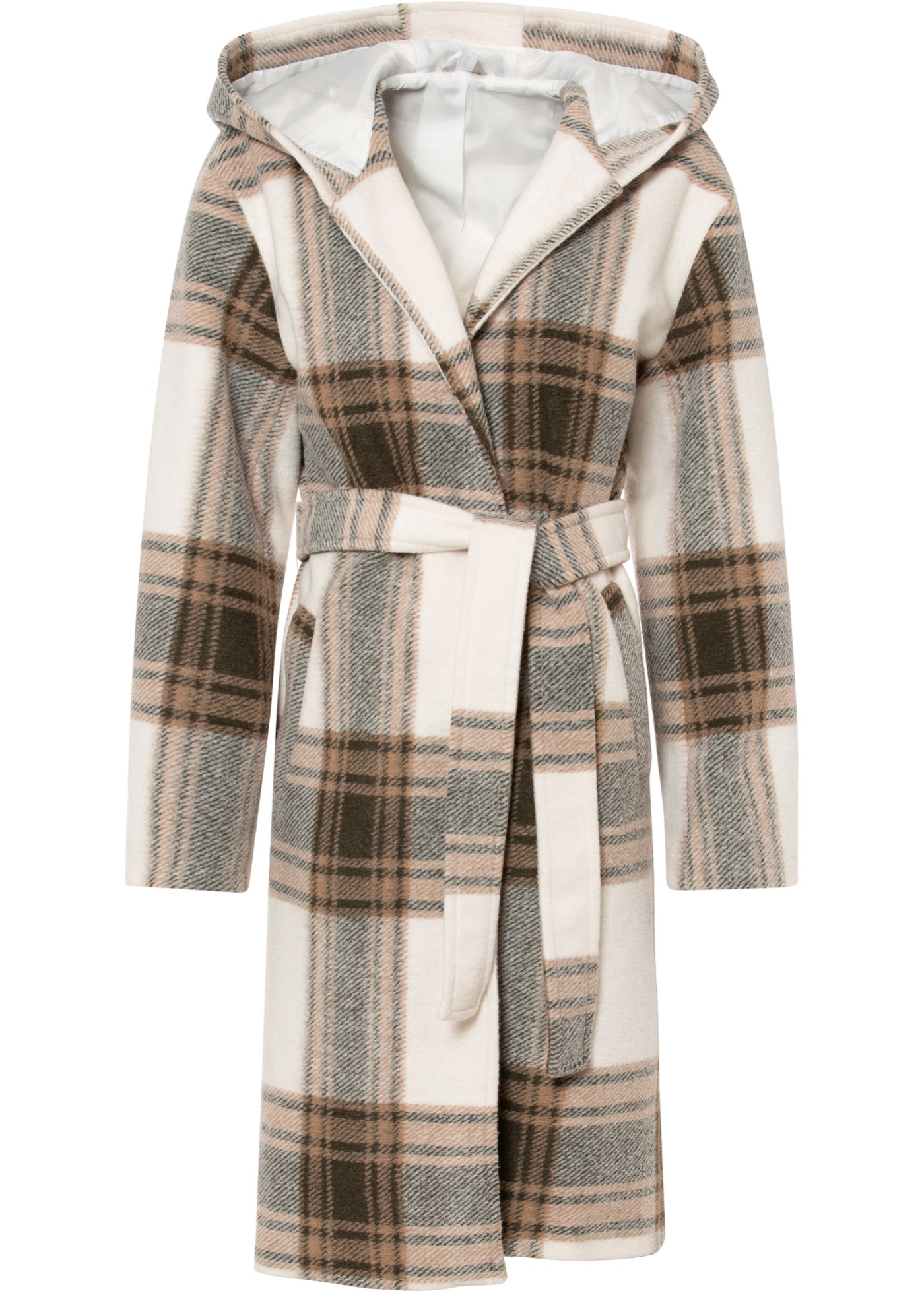 Manteau à carreaux imitation laine avec capuche et ceinture