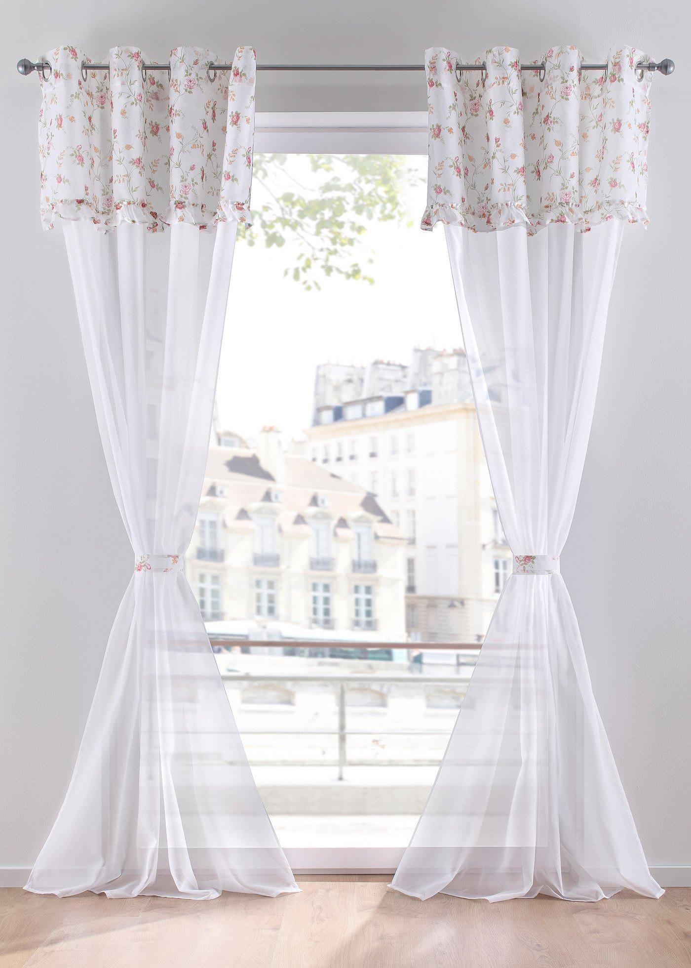 Voilage imprimé floral avec embrasse incluse (1 pce.)