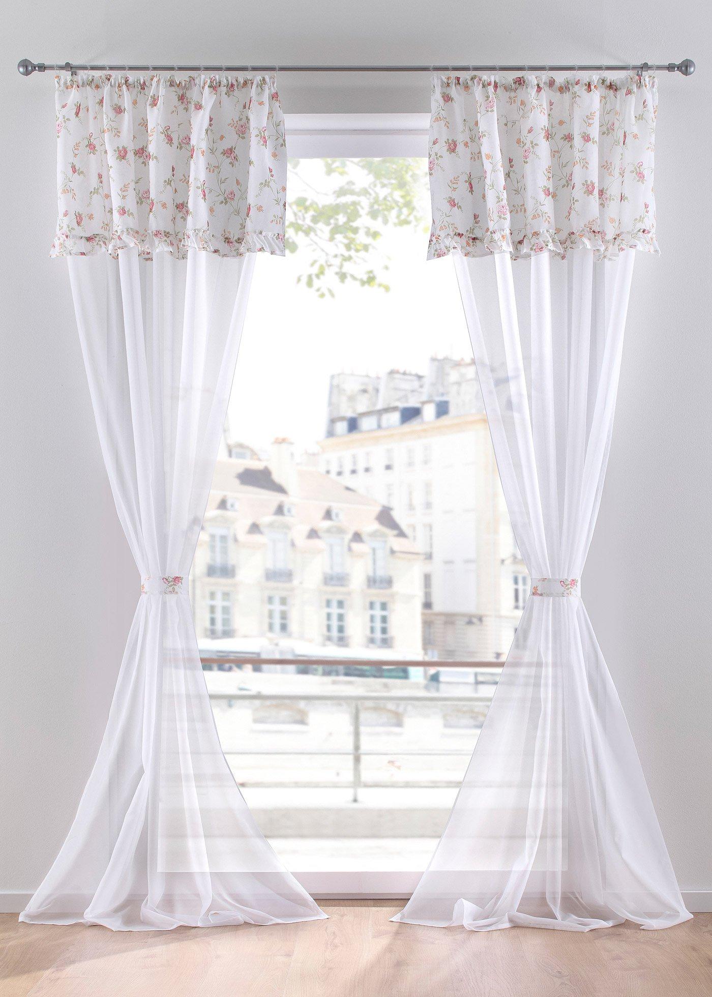 Voilage imprimé floral avec embrasse incluse (1 pce.)