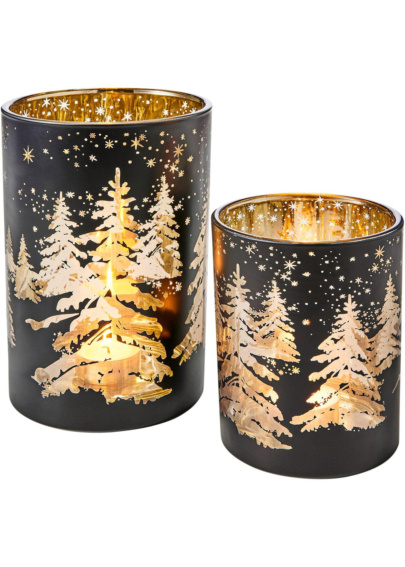 Photophore en verre avec sapin de Noël (Ens. 2 pces.)