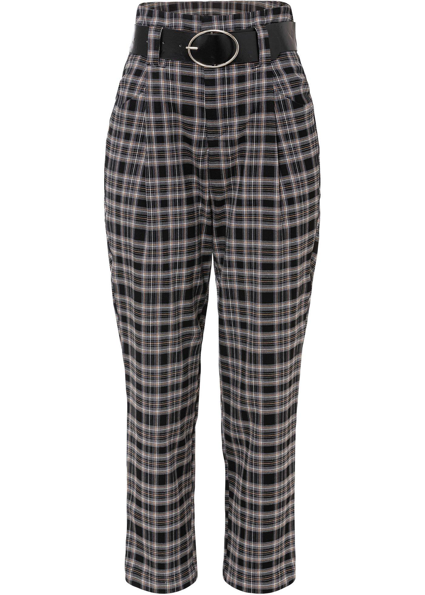 Pantalon à pinces à carreaux avec ceinture (Ens. 2 pces.)