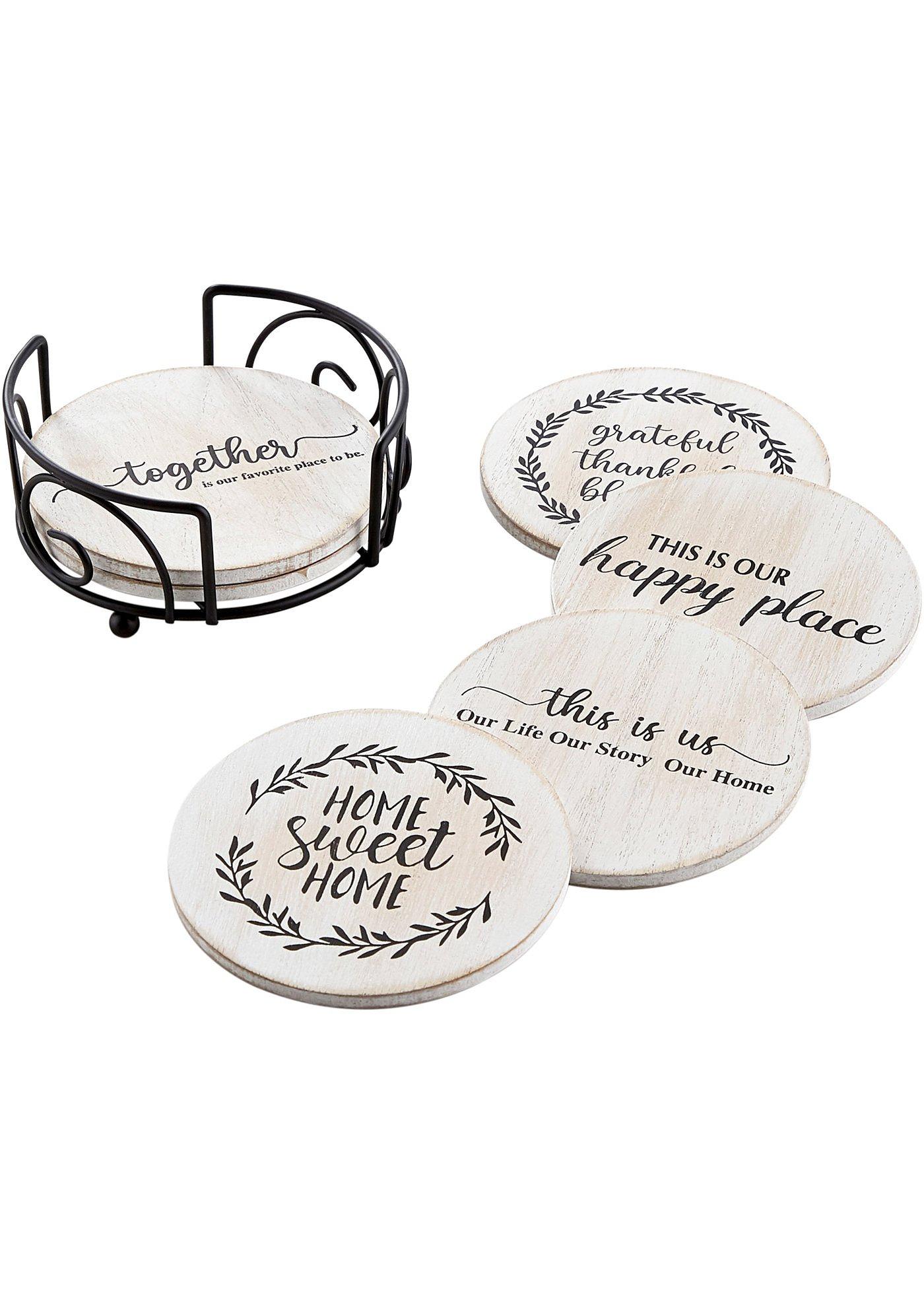 Lot de 6 sous-verres avec citations, sur un support