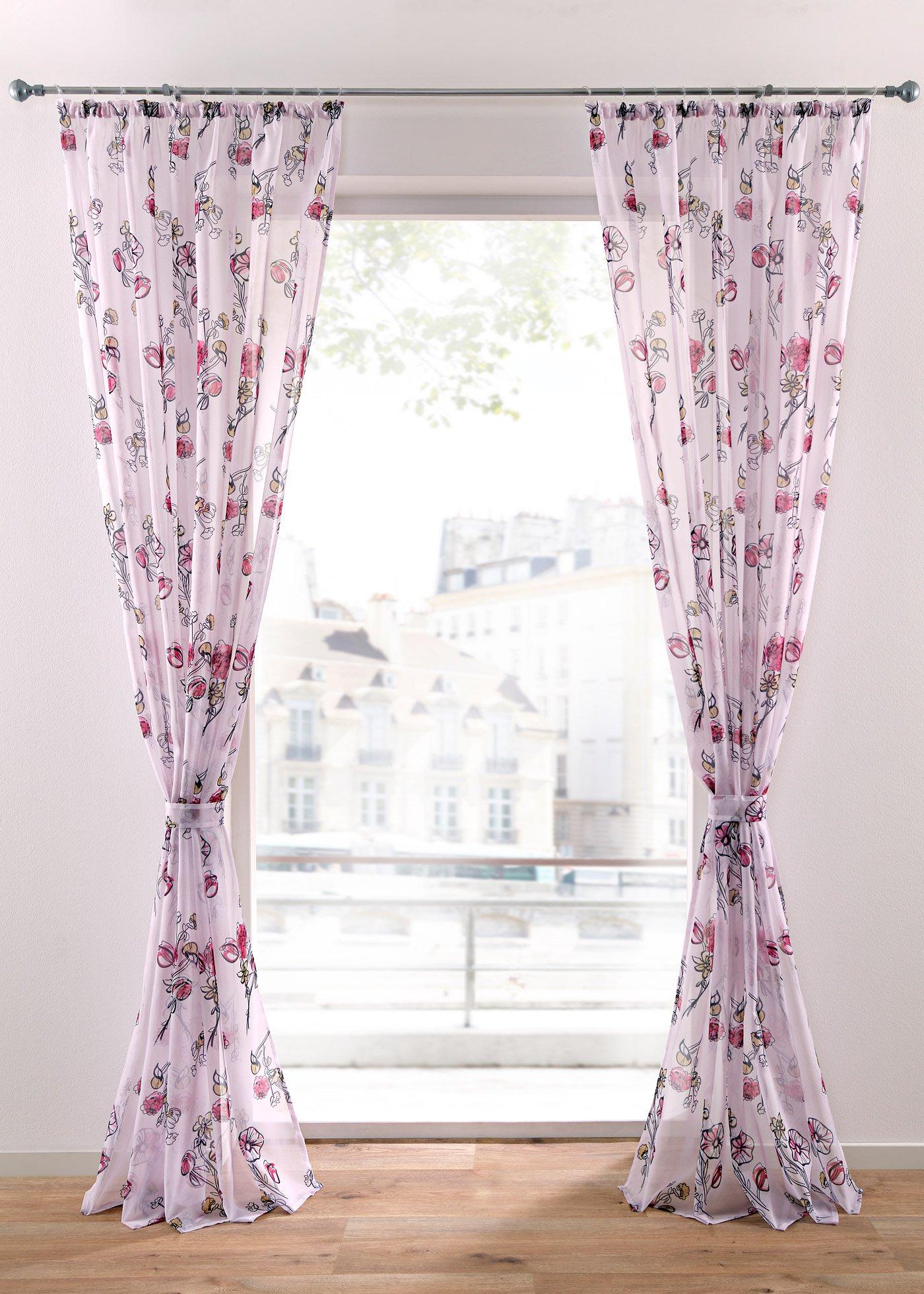 Voilage imprimé floral avec embrasse incluse (1 pce.)