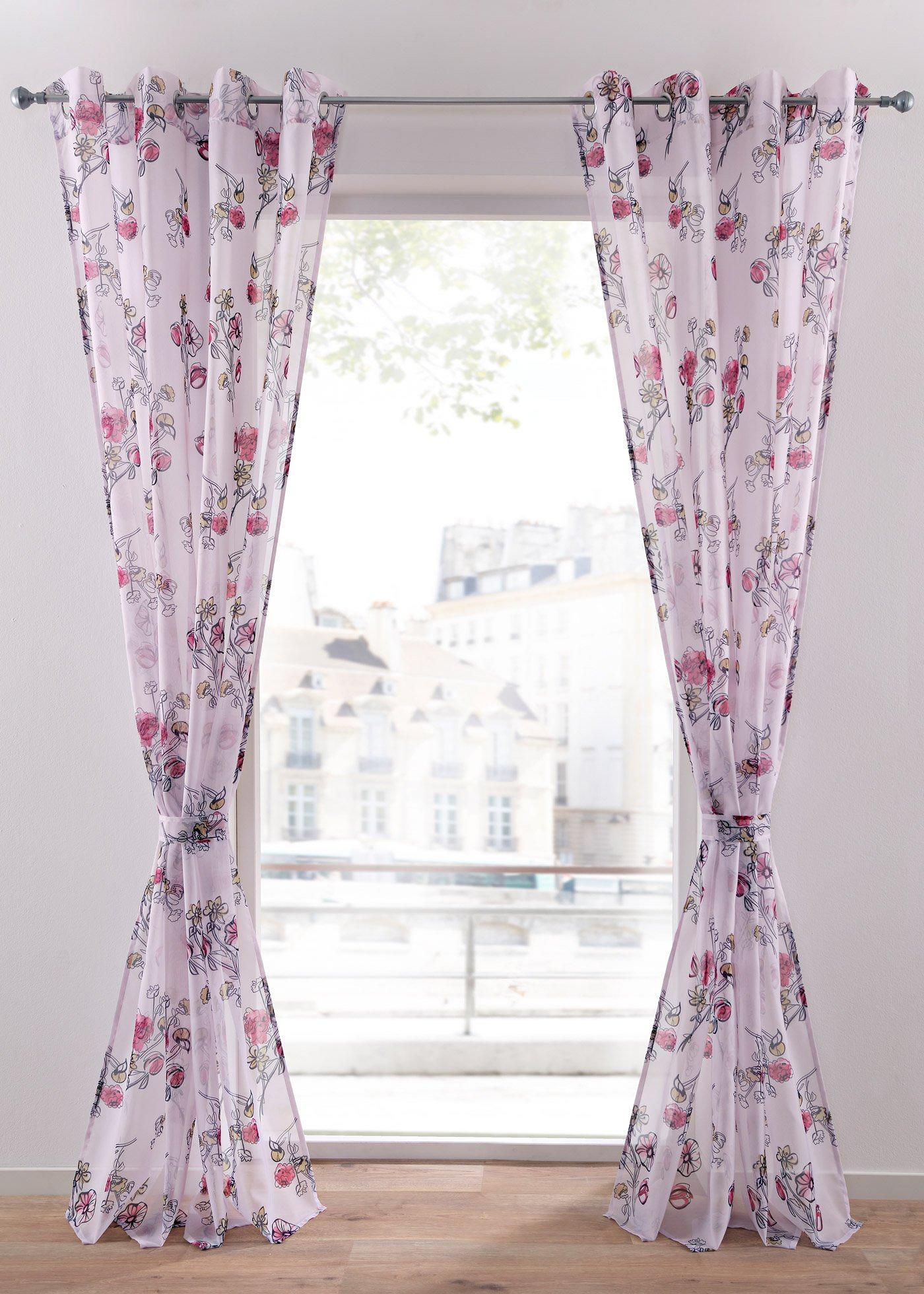 Voilage imprimé floral avec embrasse incluse (1 pce.)