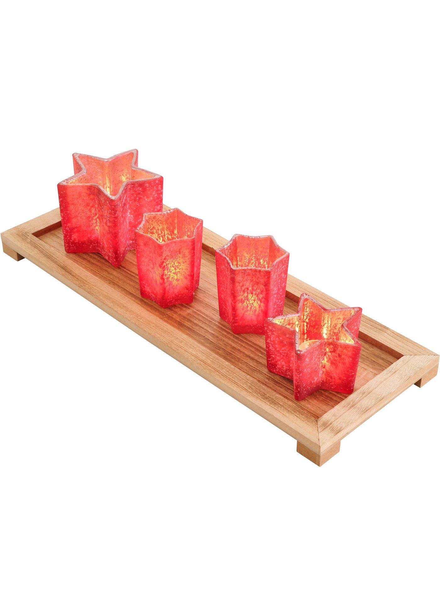 Plateau déco avec 4 photophores en verre (Ens. 5 pces.)