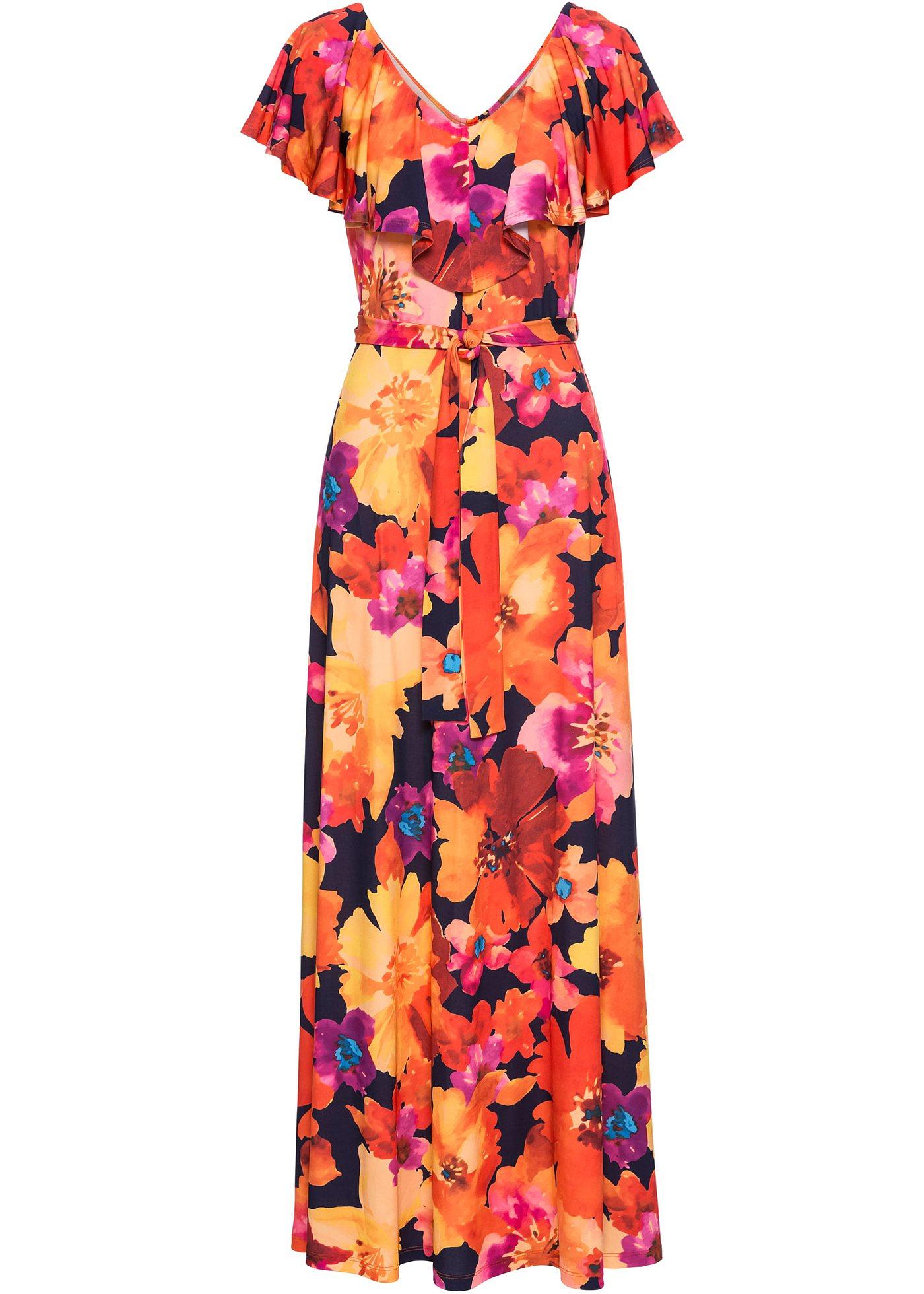 Robe ?� volant et ceinture - jaune/rouge/bleu fonc?� ?� fleurs