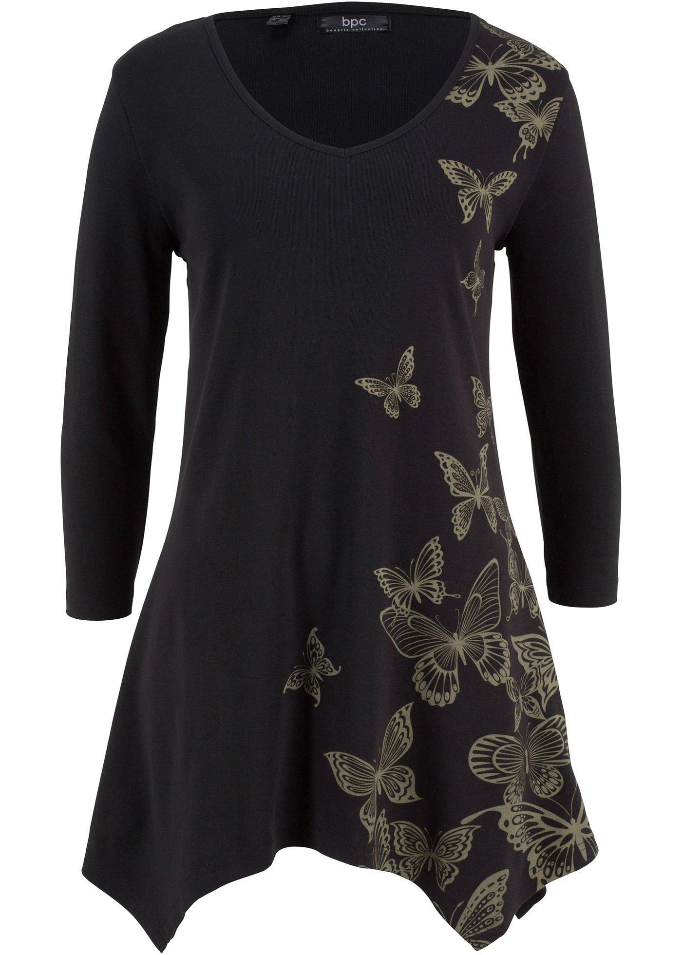 T-shirt long en coton à pans, manches 3/4