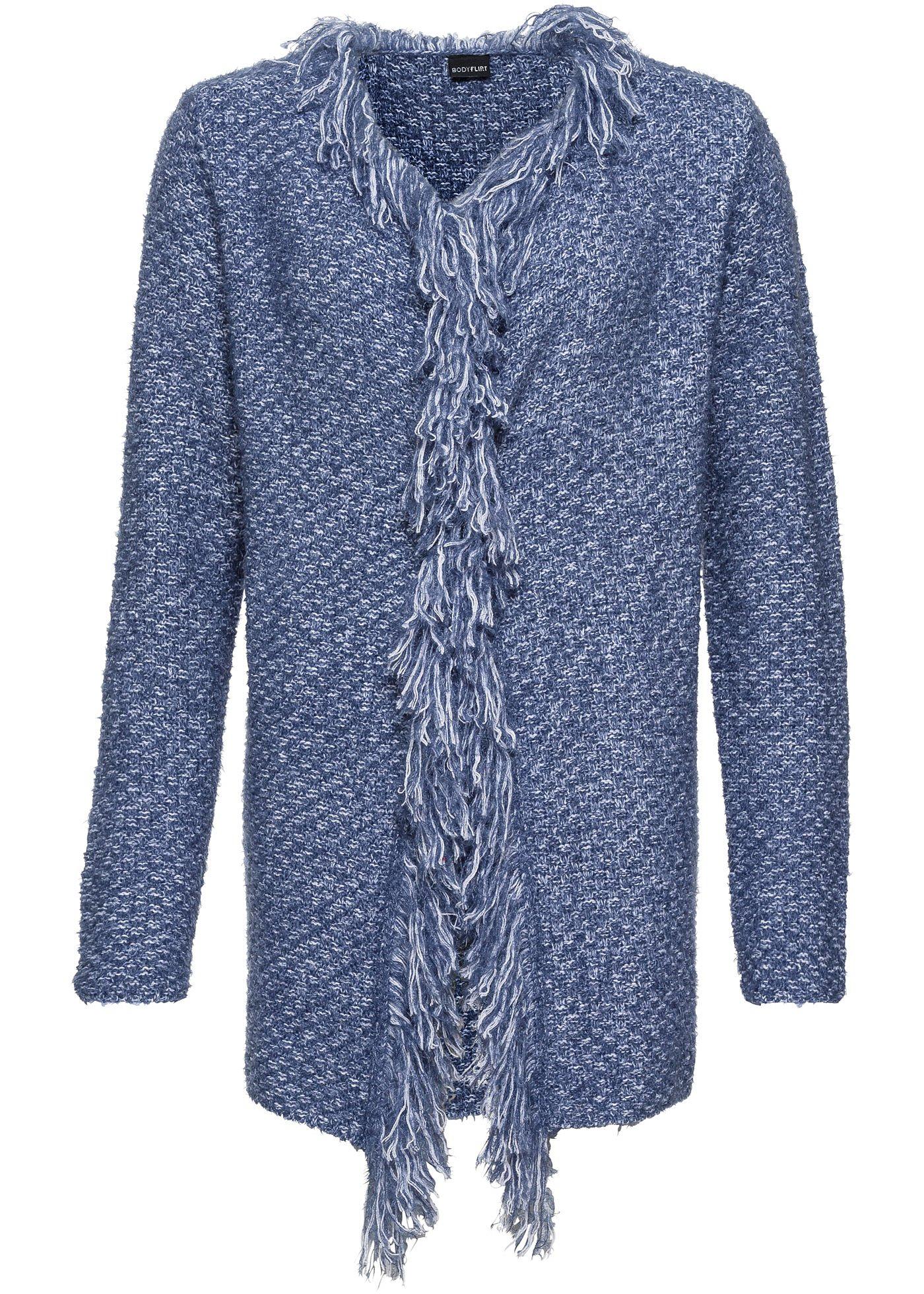 Superbe gilet long en maille d'aspect chiné avec franges mode. Long. d'env. 74 cm.