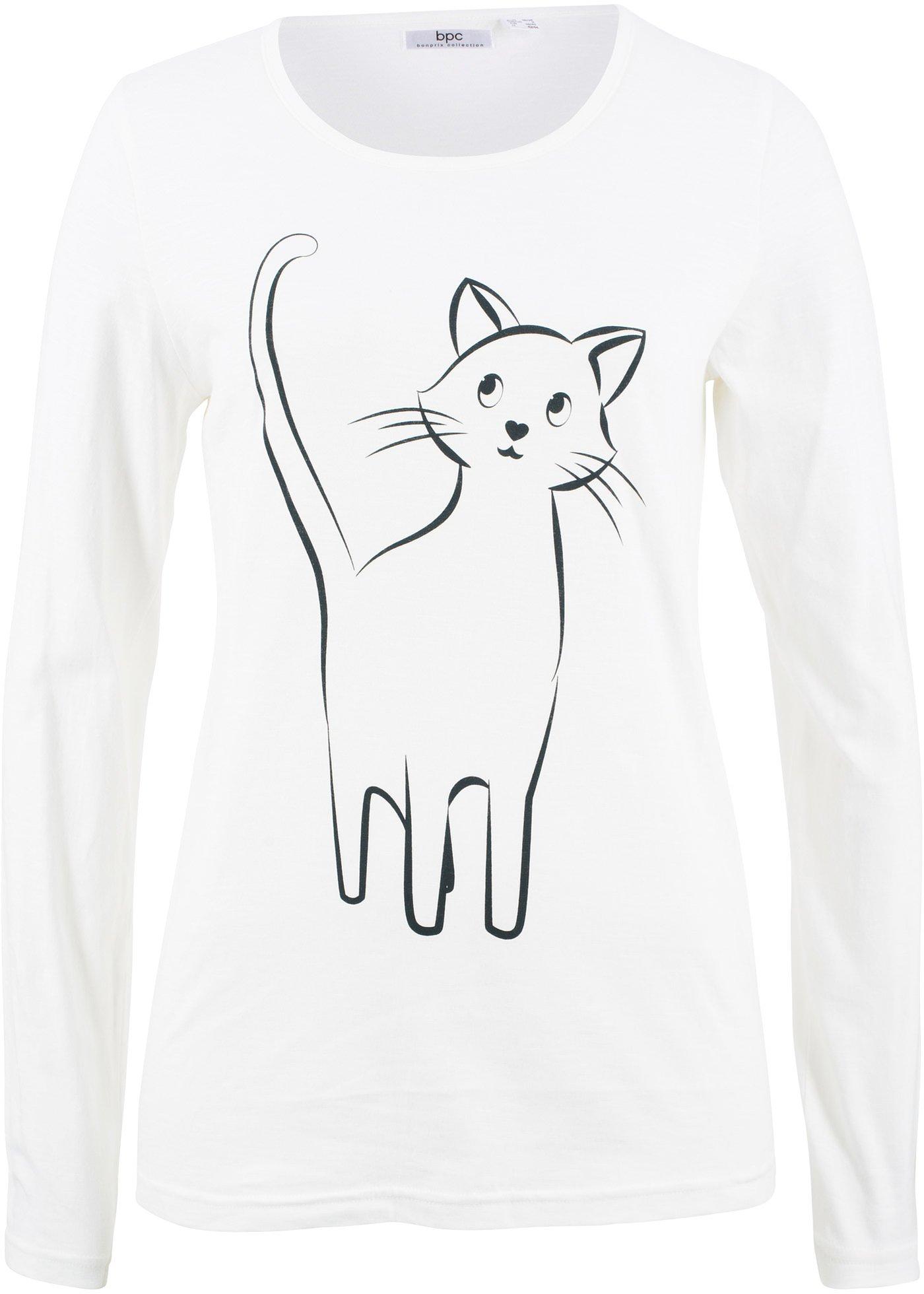 T-shirt coton à imprimé chat, manches longues