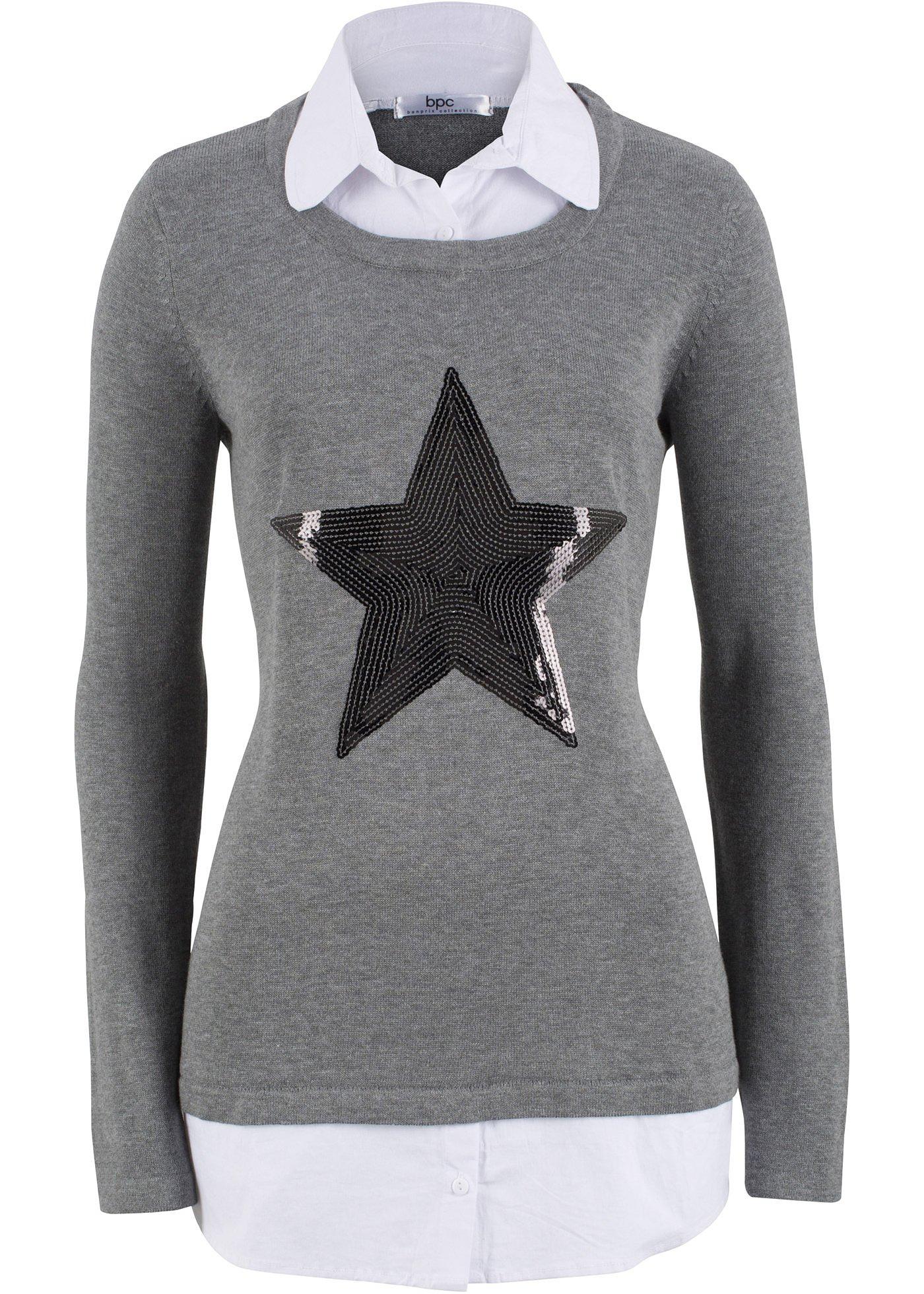 Pull 2 en 1 à empiècement chemisier, manches longues