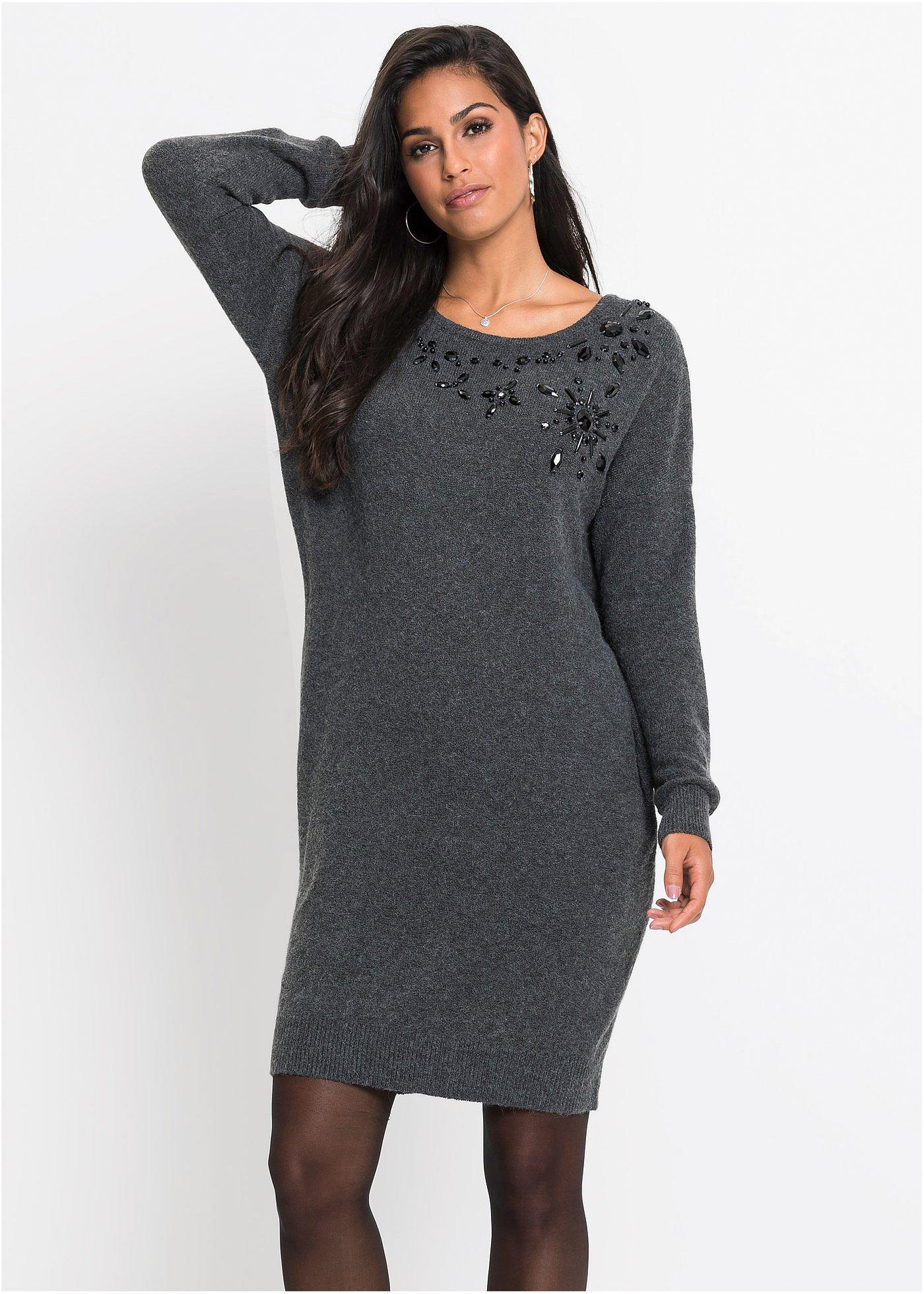 Robe courte en maille avec jolies pierres décoratives gris foncé chiné