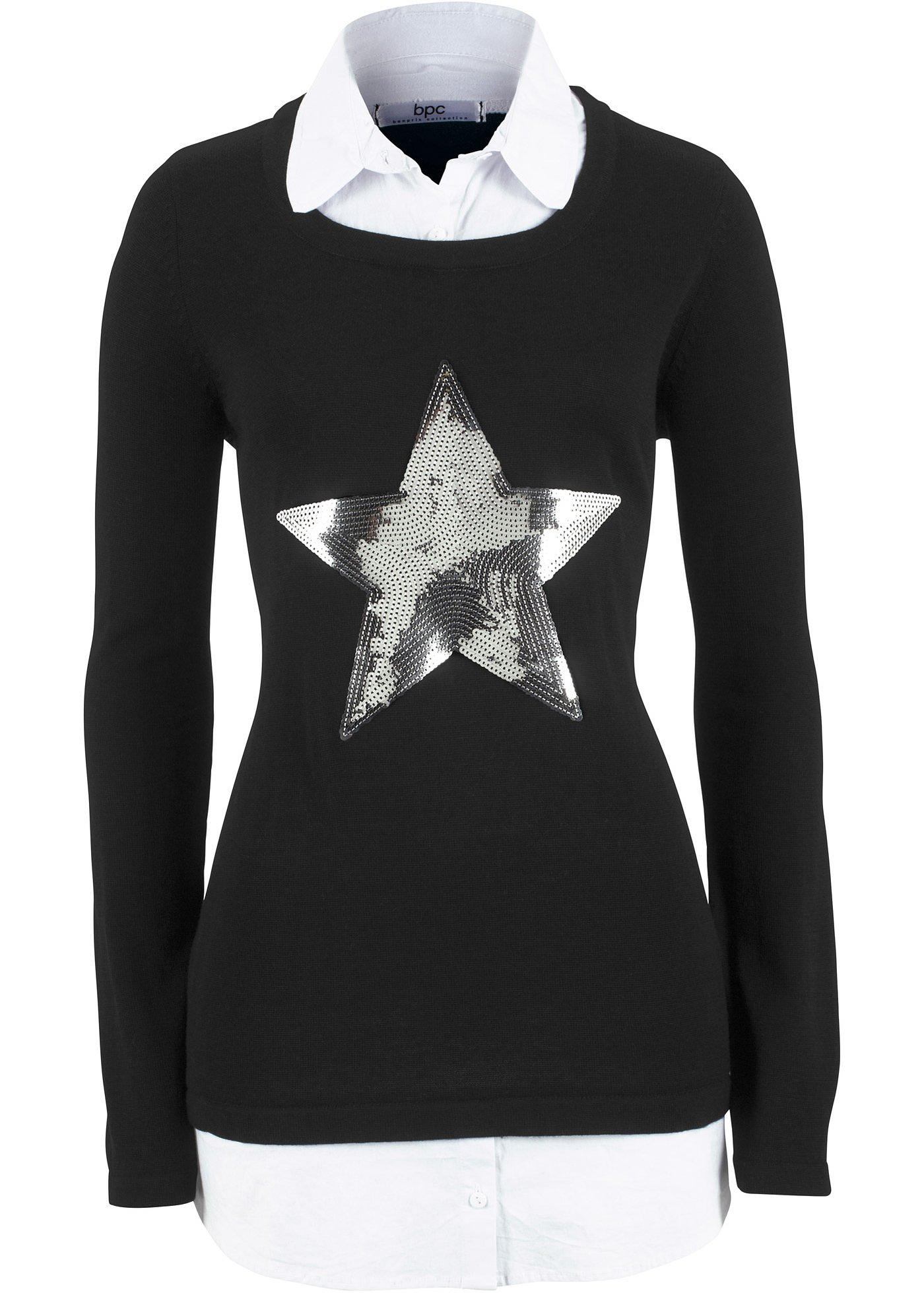 Pull 2 en 1 à empiècement chemisier, manches longues