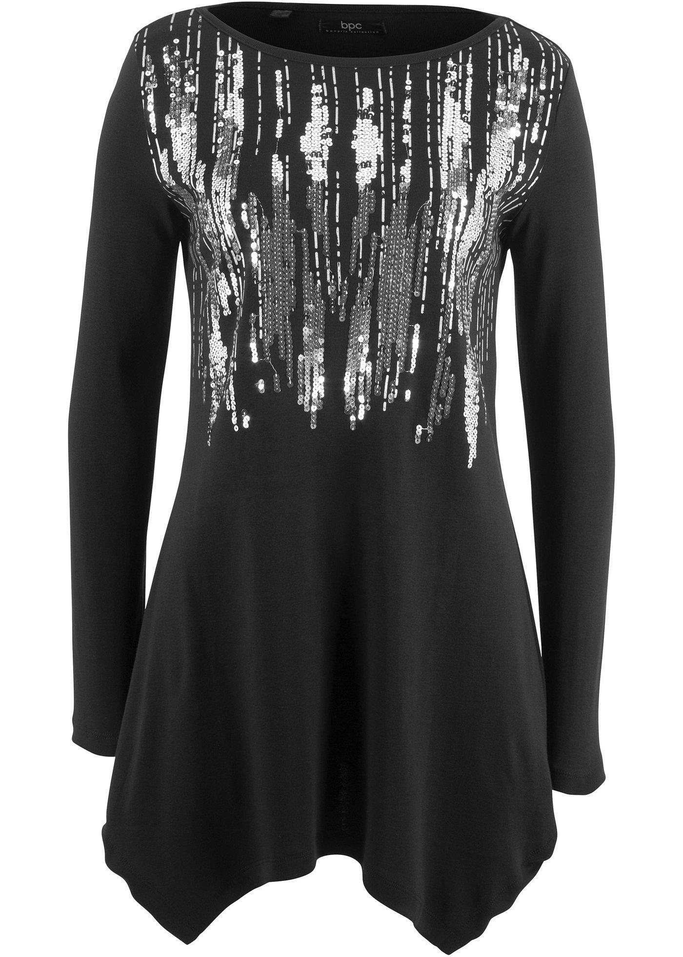 T-shirt coton manches longues à pans avec paillettes