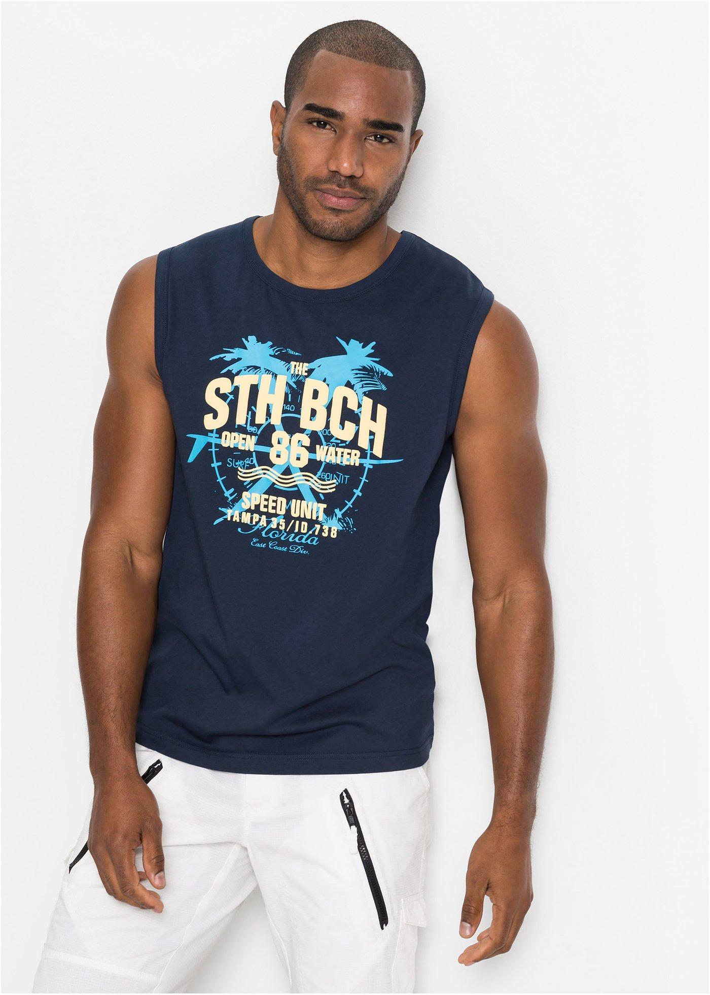 Tshirt marcel imprimé à col rond bleu foncé Tshirt marcel imprimé à col rond bleu foncé